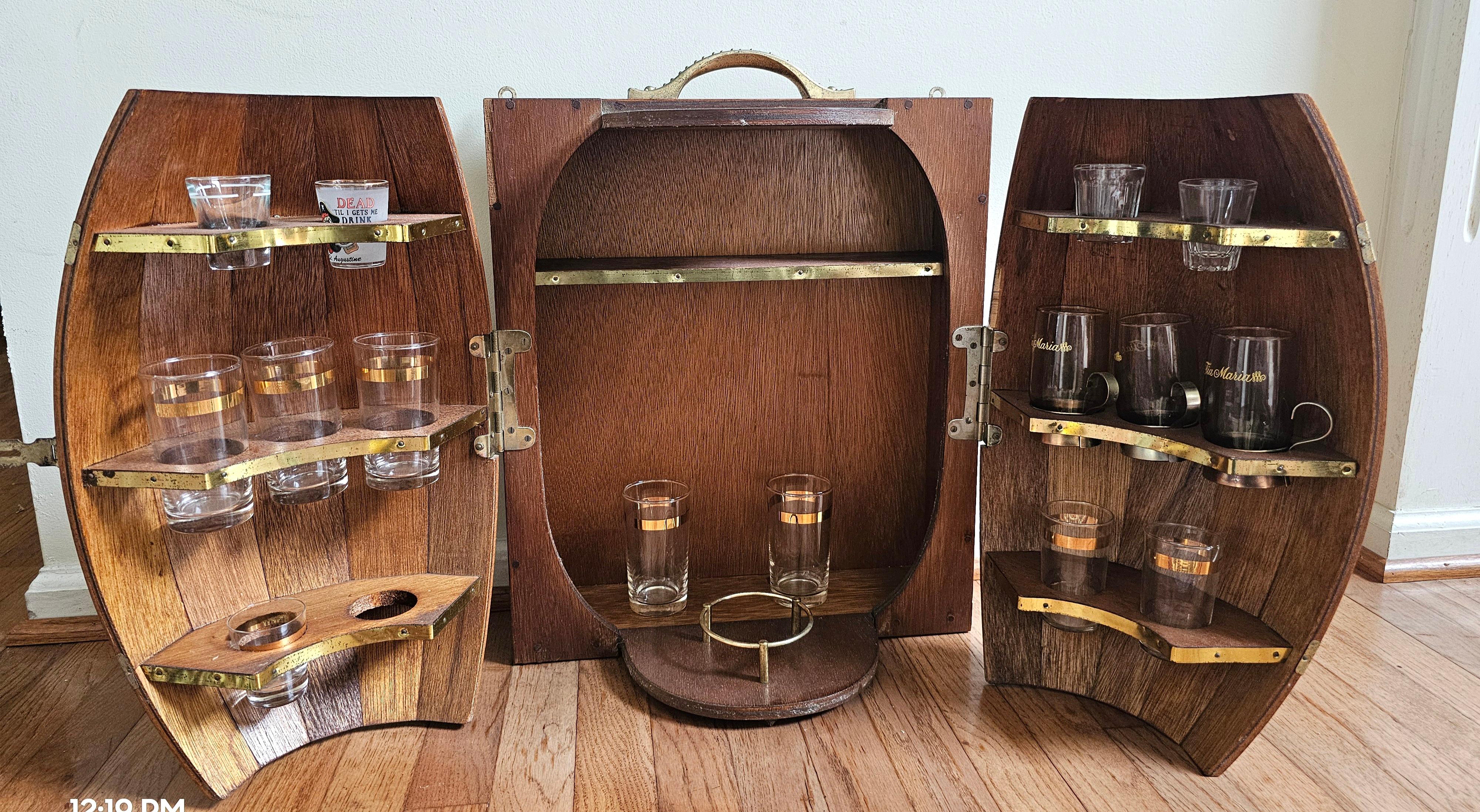 Mid-Century Oak Barrel Wall Hanging  Bar Cabinet with A Collection of 11 Glasses In Good Condition For Sale In Germantown, MD