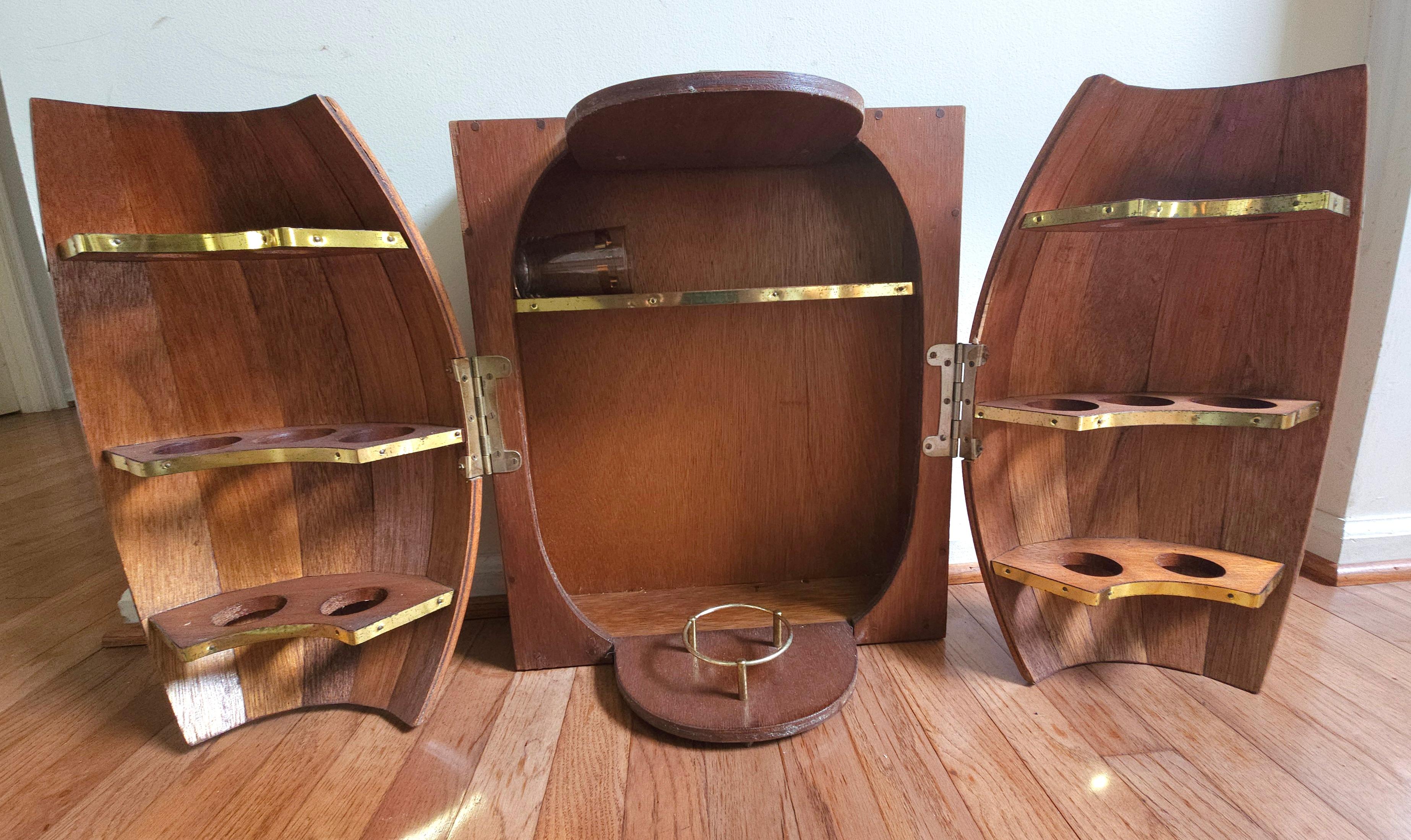 Brass Mid-Century Oak Barrel Wall Hanging  Bar Cabinet with A Collection of 11 Glasses For Sale