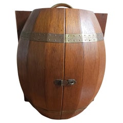 Mid-Century Oak Barrel Wall Hanging  Bar Cabinet with A Collection of 11 Glasses