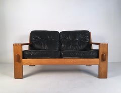 Midcentury Oak & Black Leather ‘Bonanza’ Sofa by E. Pajamies for Asko circa 1960