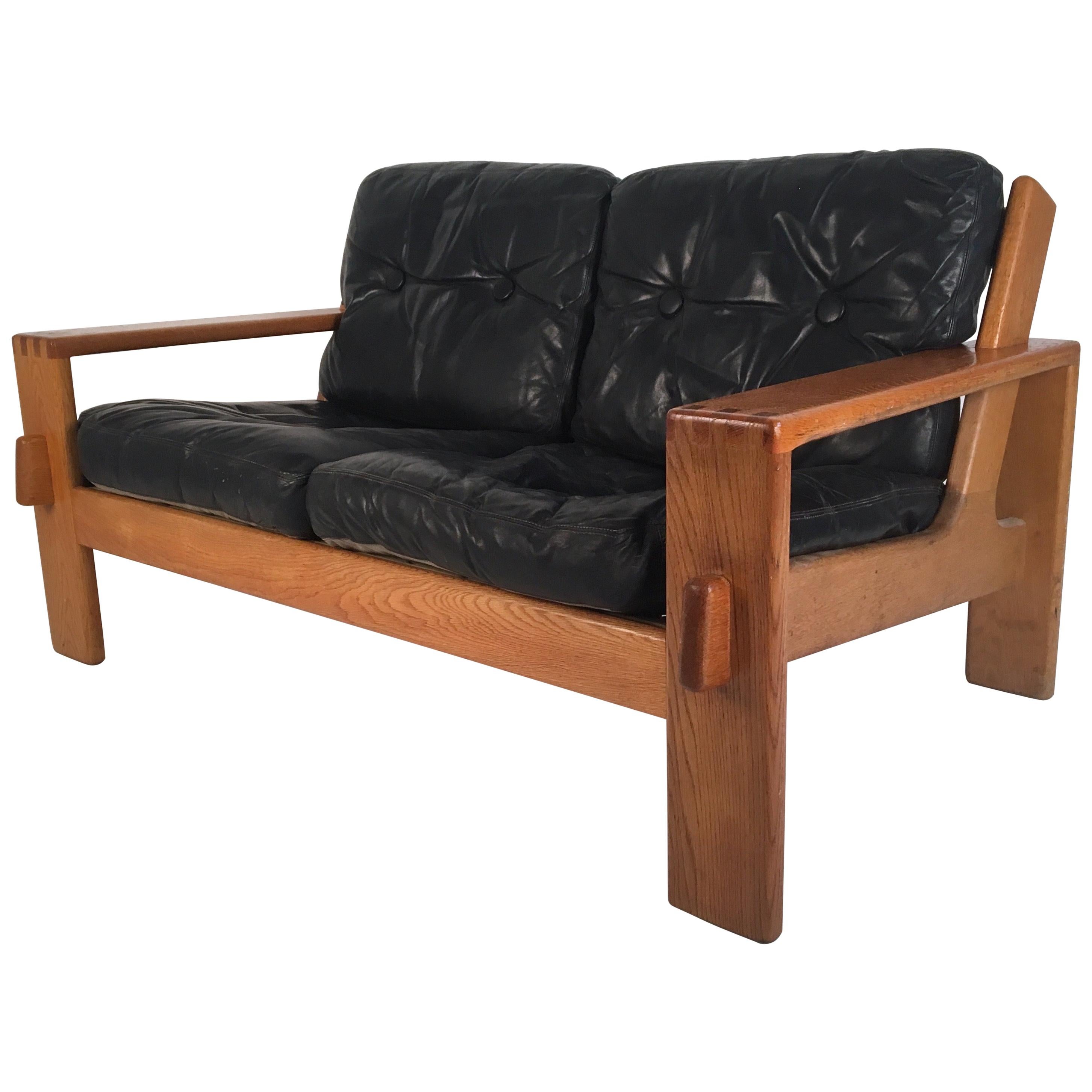 Midcentury Oak & Black Leather ‘Bonanza’ Sofa by E. Pajamies for Asko circa 1960 For Sale