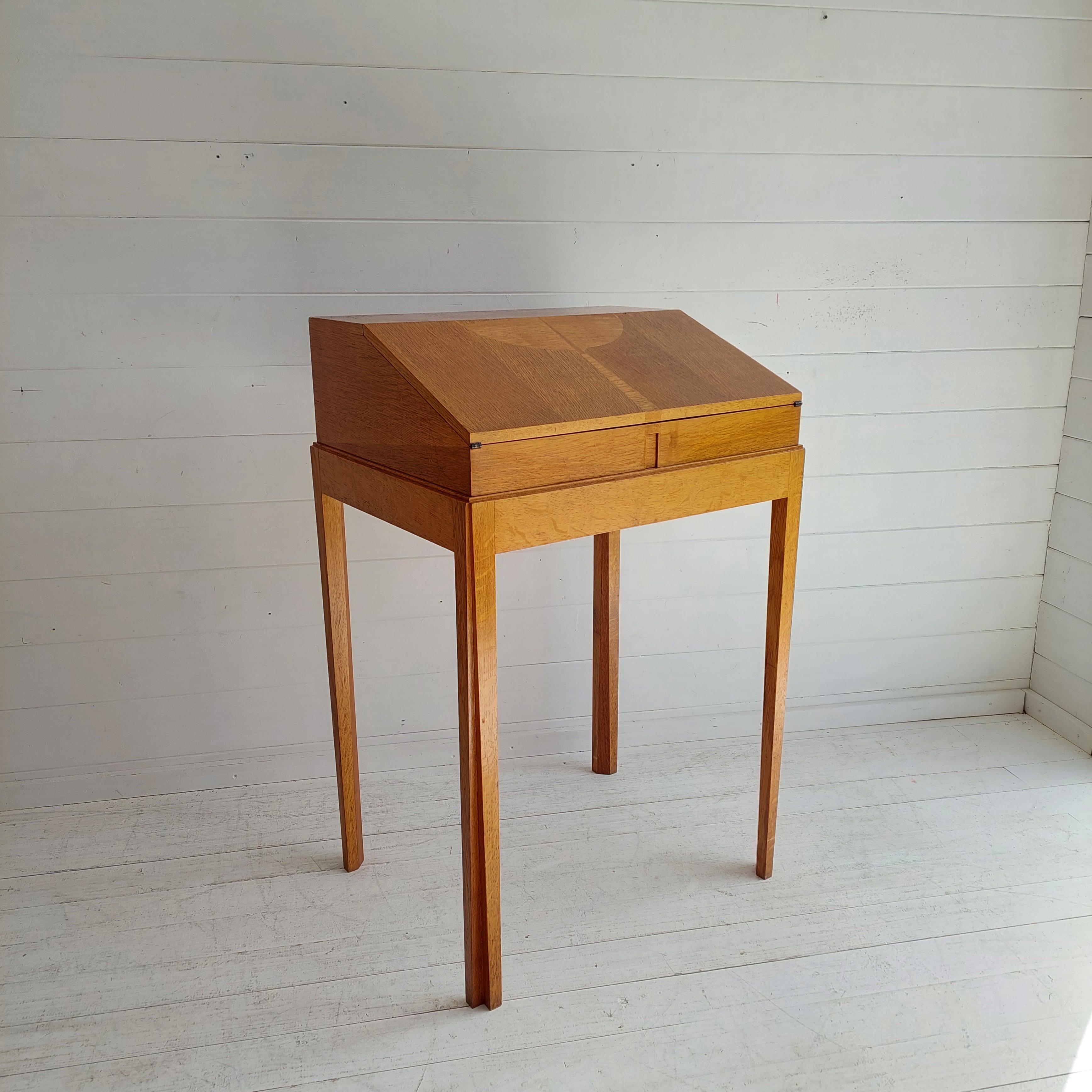 Mid Century Oak Bureau Ladies Writing Desk, Handcrafted, Danish Style, 1960s In Good Condition In Leamington Spa, GB