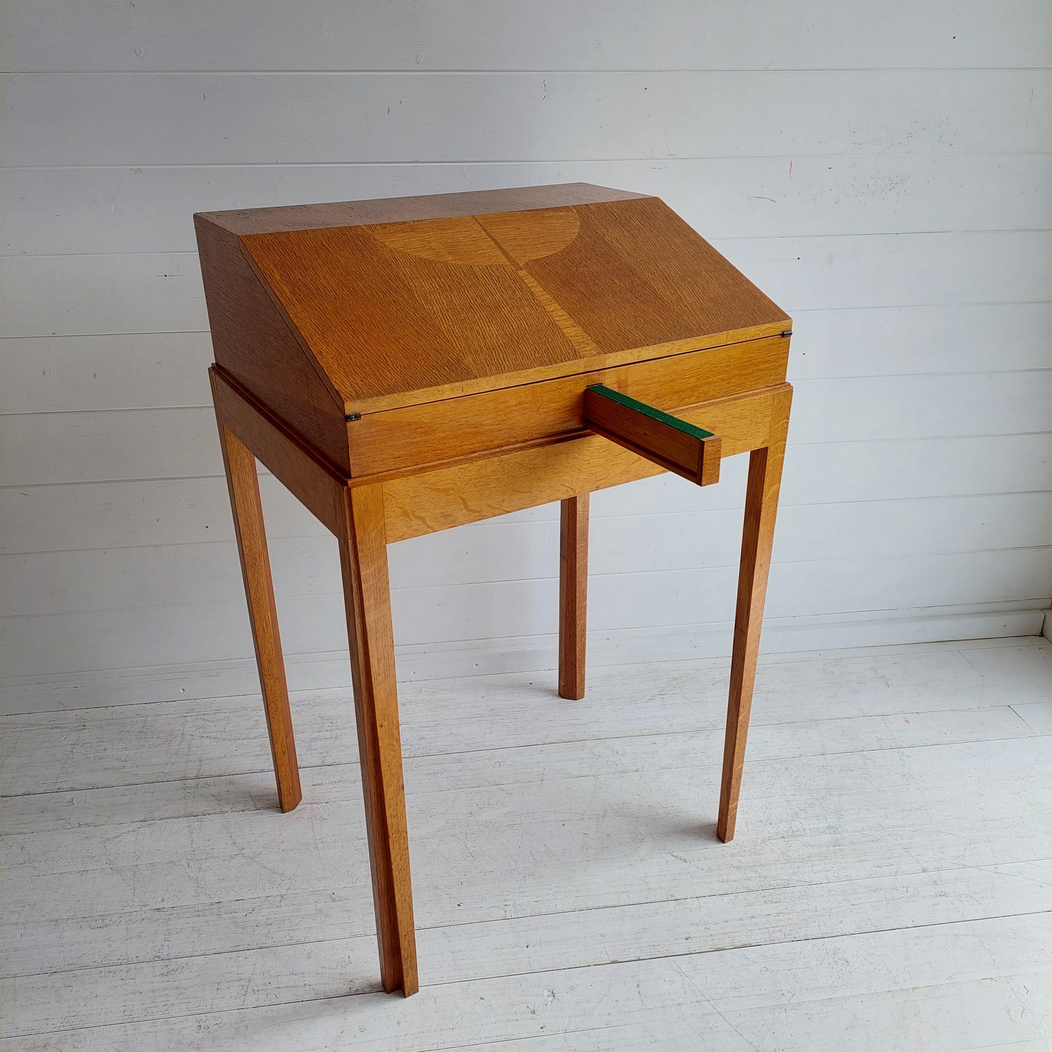 Brass Mid Century Oak Bureau Ladies Writing Desk, Handcrafted, Danish Style, 1960s