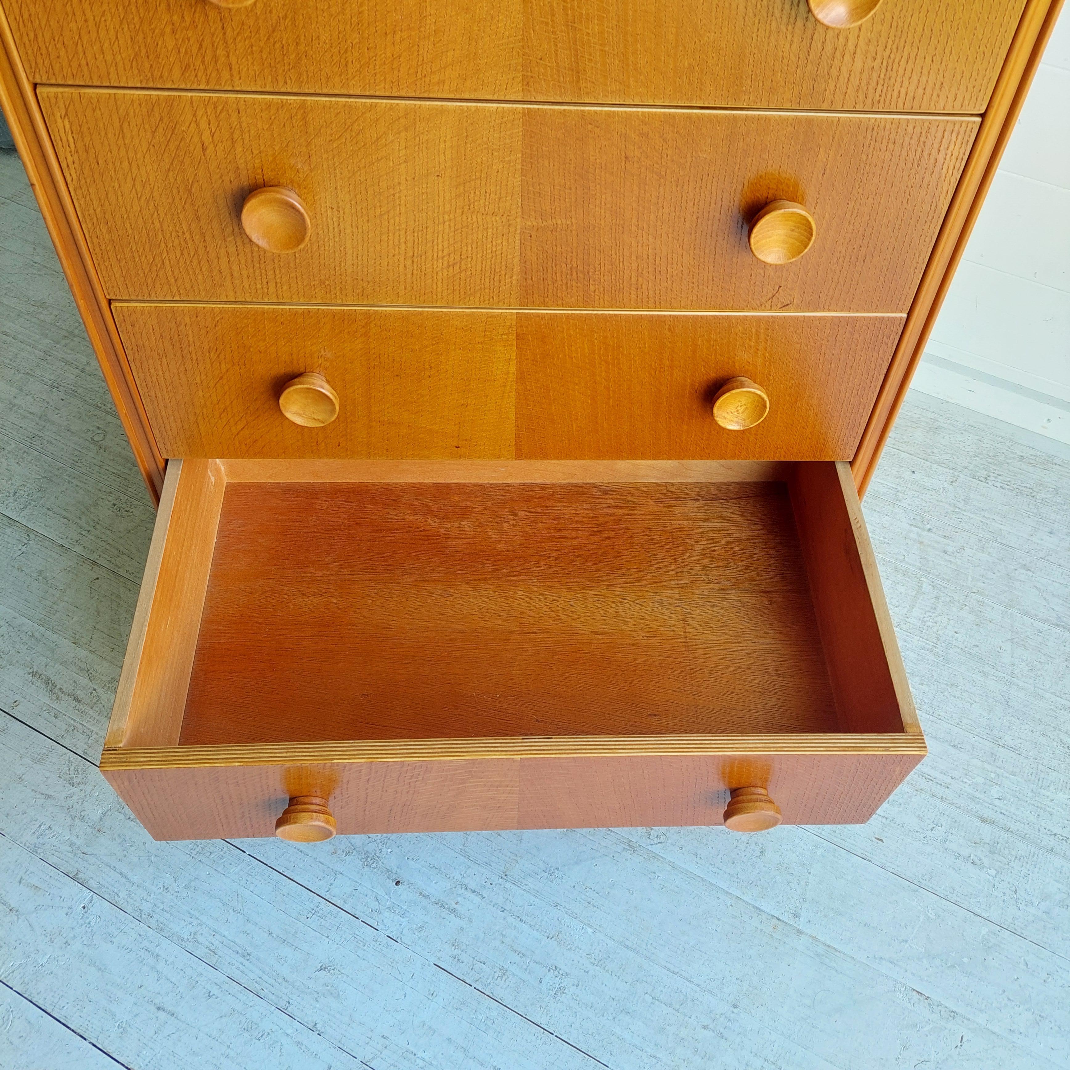 Mid Century Oak Chest Of 5 Drawers Tallboy,  Meredew Style, 60s 6