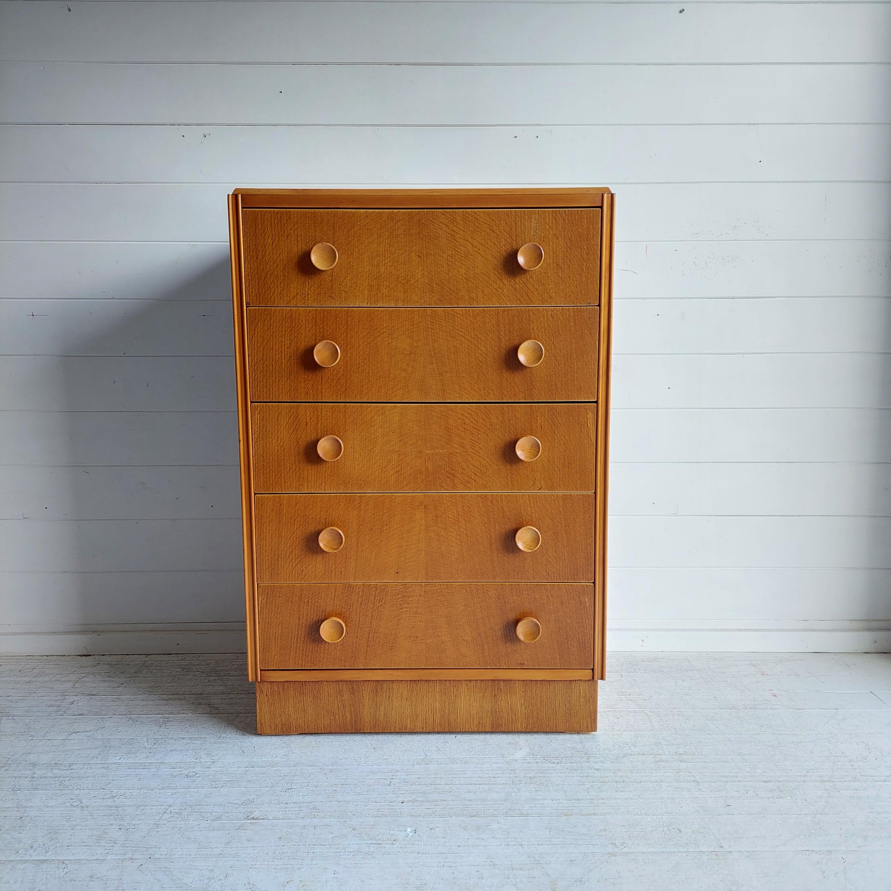 Mid-Century Modern Mid Century Oak Chest Of 5 Drawers Tallboy,  Meredew Style, 60s