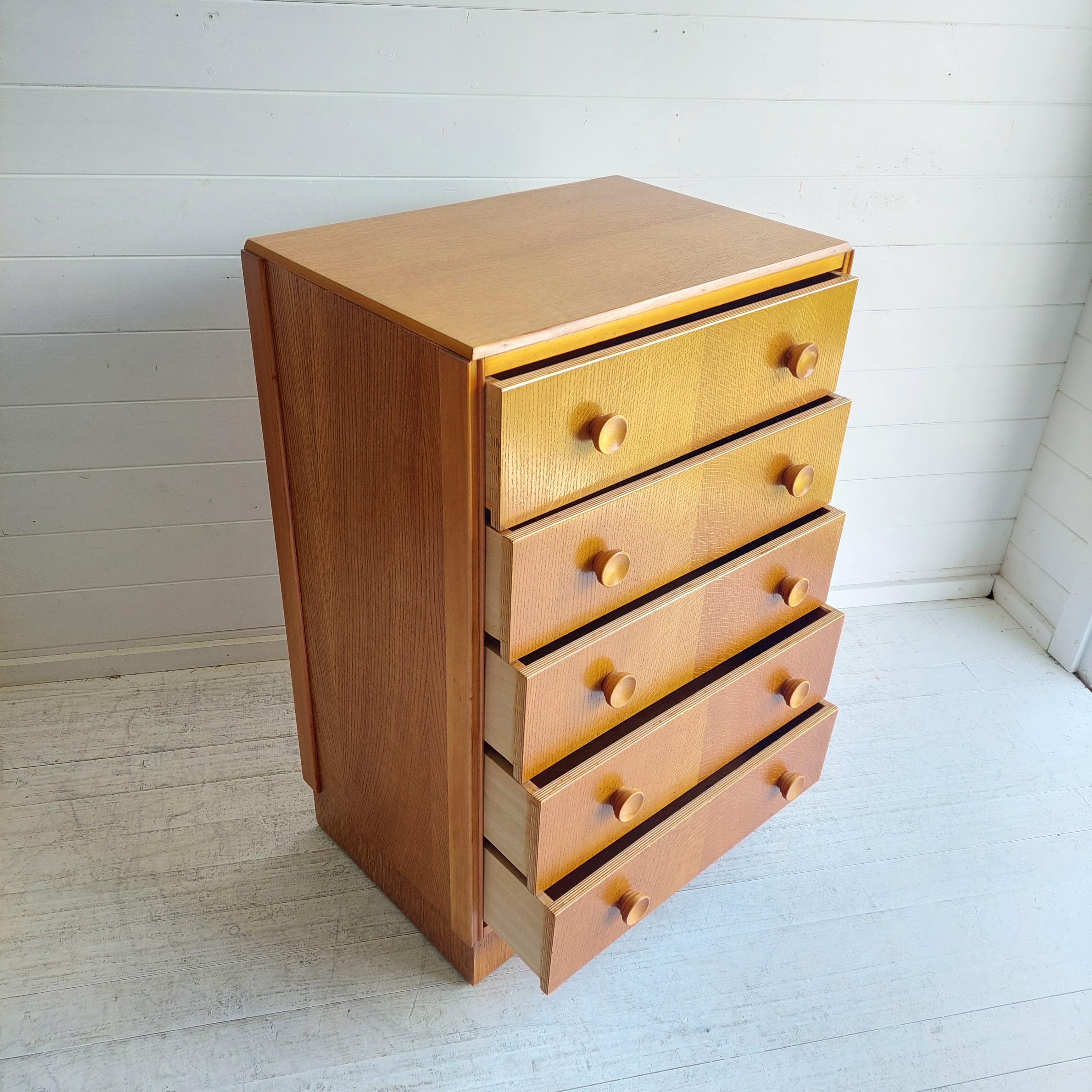 British Mid Century Oak Chest Of 5 Drawers Tallboy,  Meredew Style, 60s