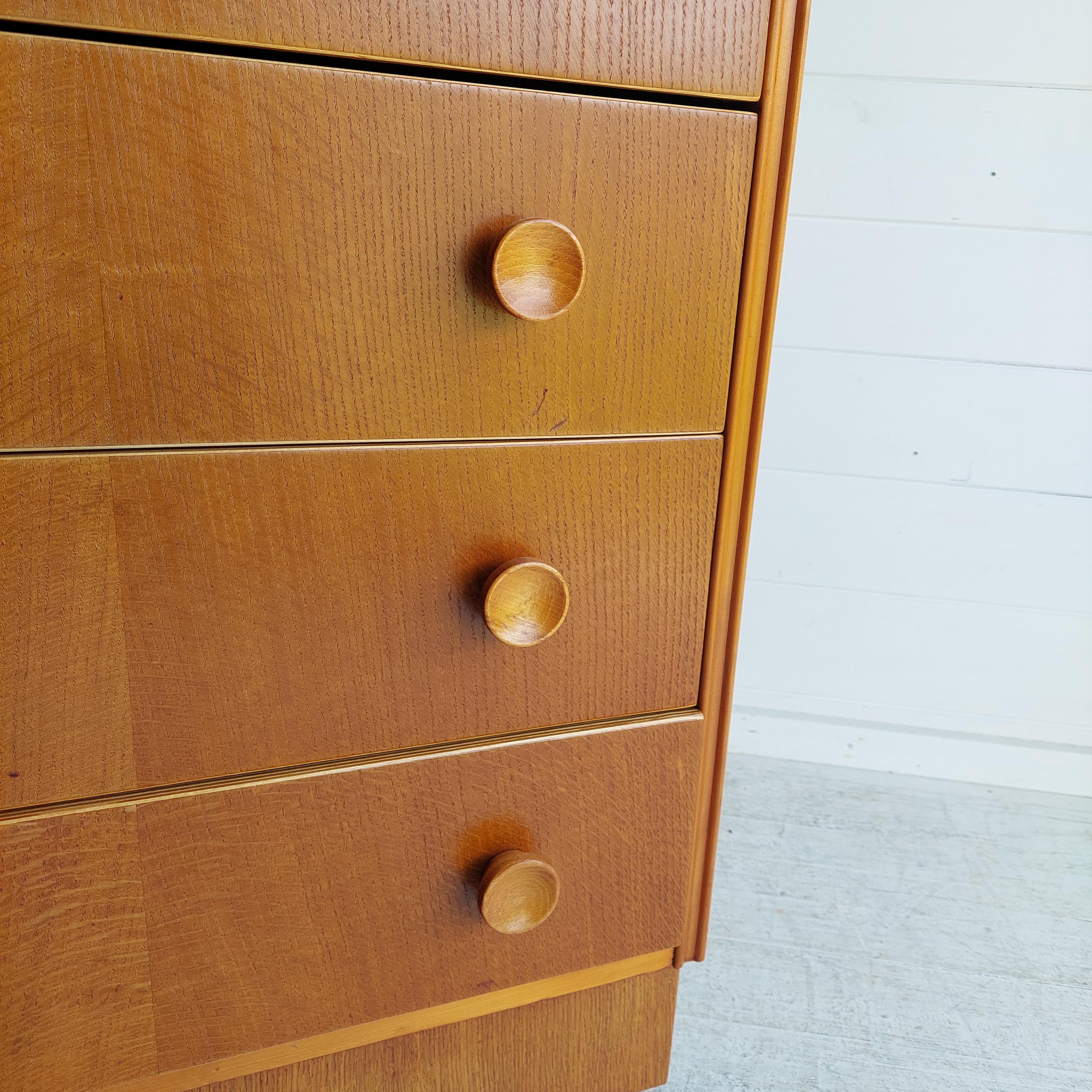 Mid Century Oak Chest Of 5 Drawers Tallboy,  Meredew Style, 60s 2