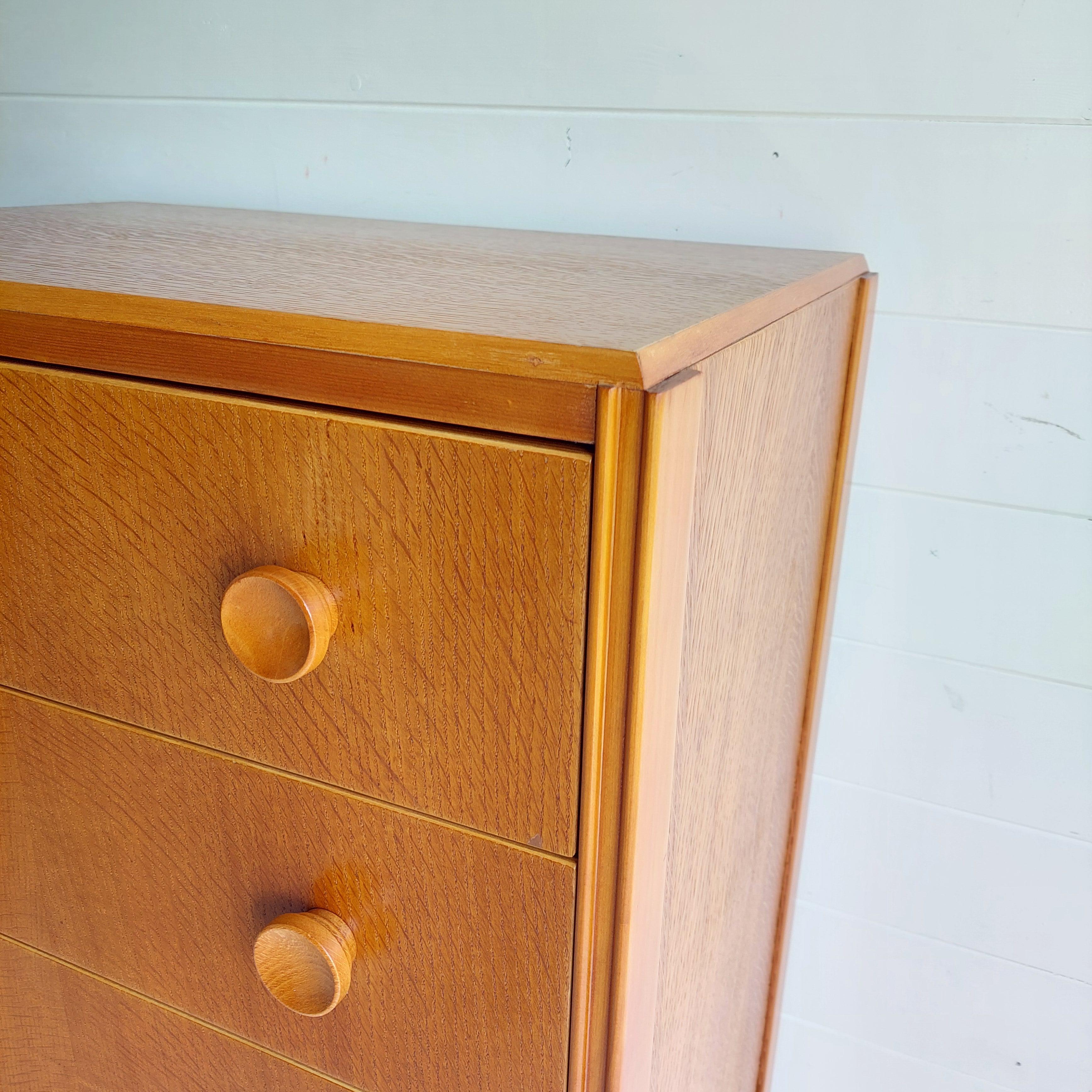 Mid Century Oak Chest Of 5 Drawers Tallboy,  Meredew Style, 60s 3