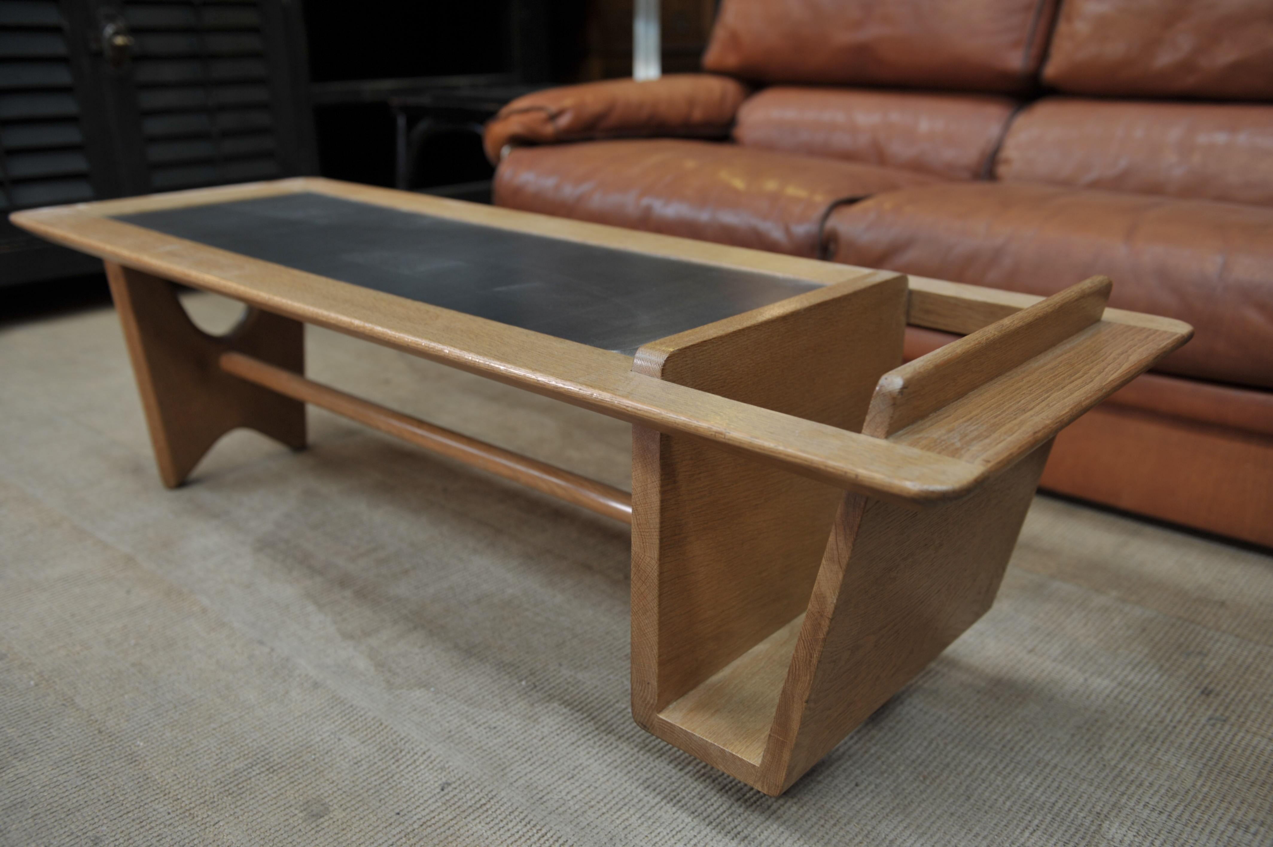 Midcentury solid oak coffee table by French designers Guillerme & Chambron for Votre Maison, circa 1950. Recent metal top. All in excellent condition.