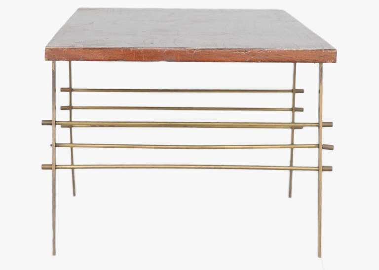 Mid-Century Modern Midcentury Oak Coffee Table with Brass Architectural Base For Sale