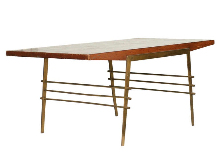 American Midcentury Oak Coffee Table with Brass Architectural Base For Sale