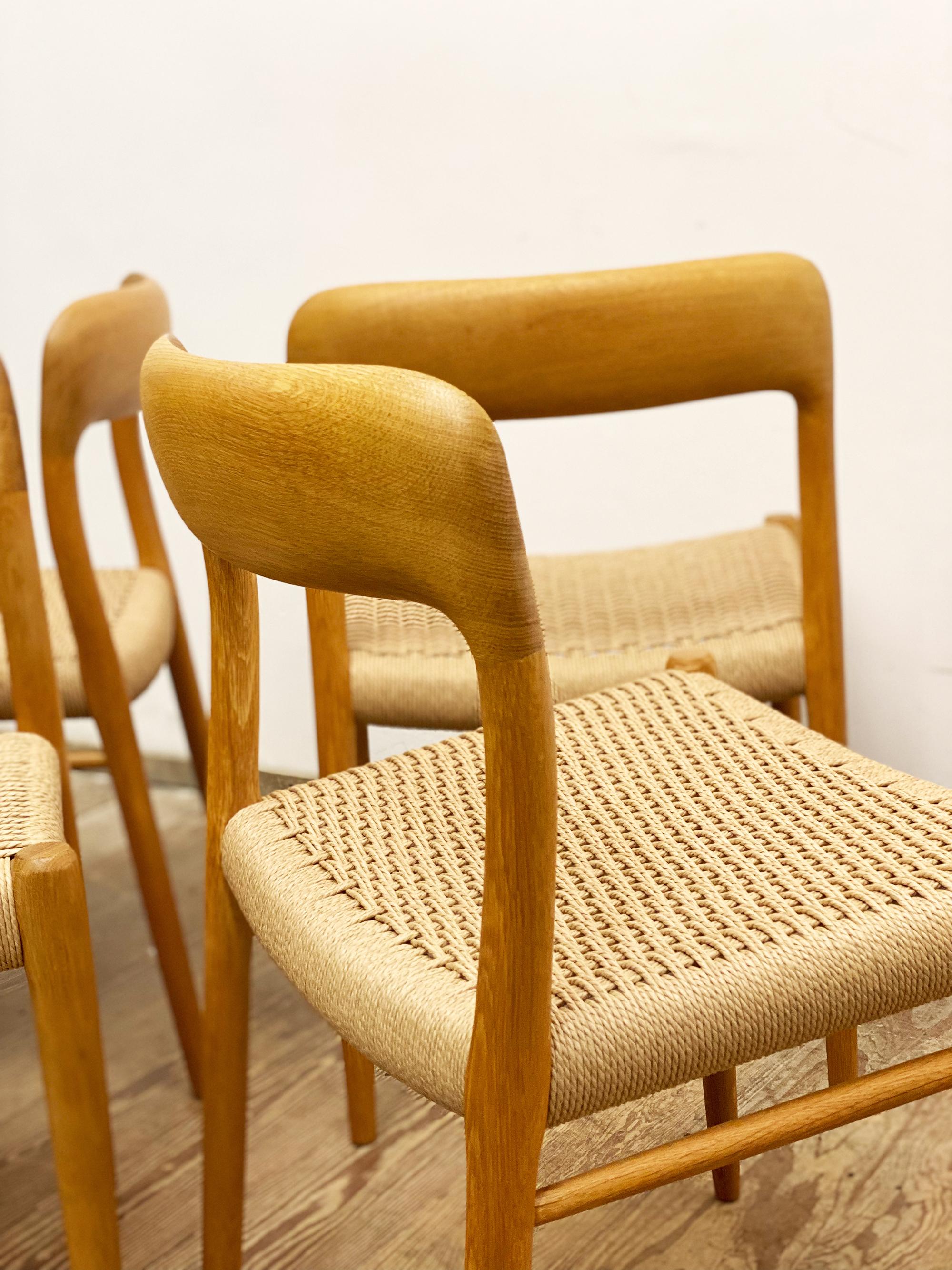 Papercord Mid-Century Oak Dining Chairs #75, Niels O. Møller for J. L. Moller, Set of 4