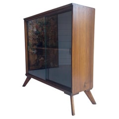 Mid Century Oak Glazed Display Cabinet Bookcace, 1950s Vintage
