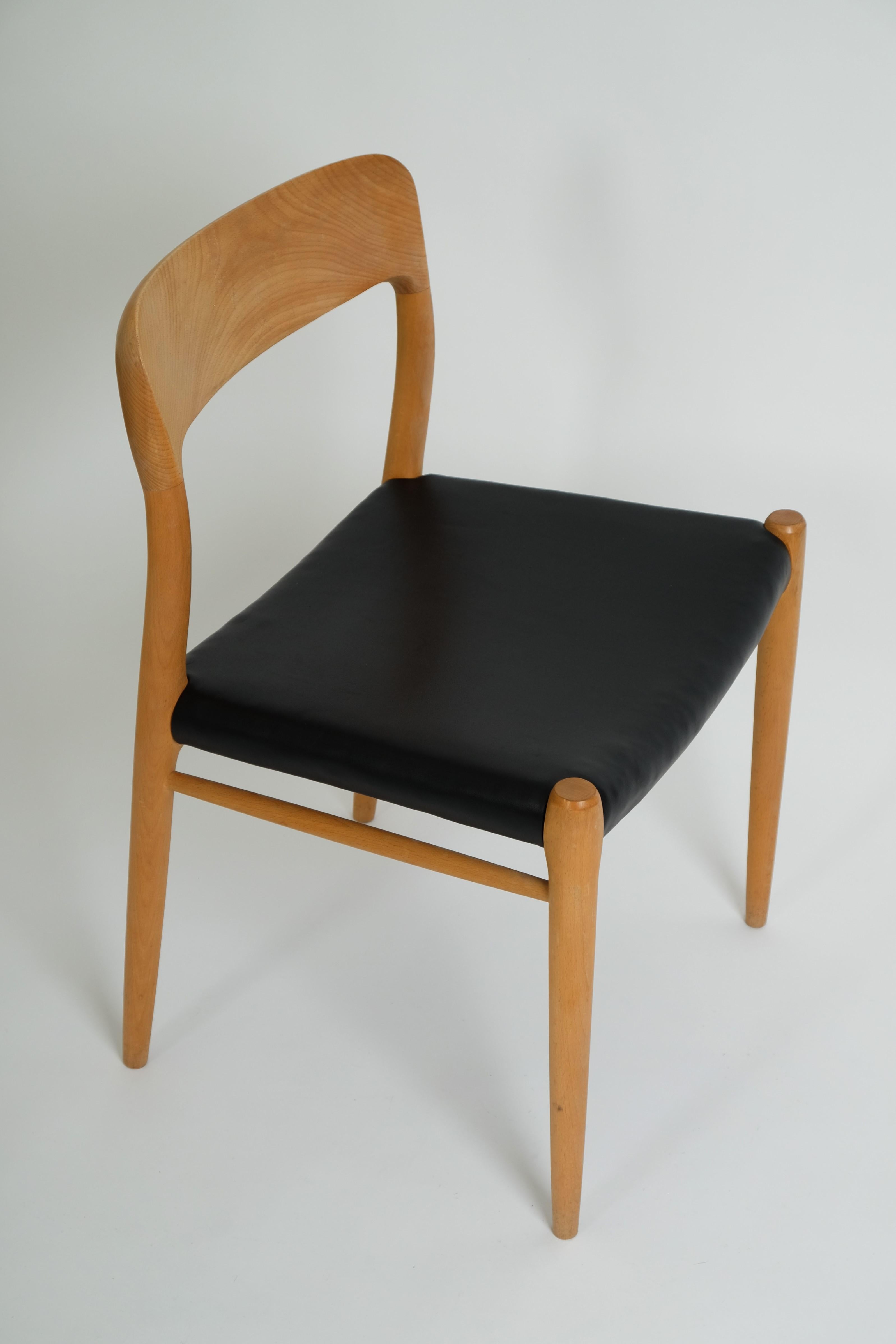 Mid-Century Beech Leather Dining Chair No. 75 by Niels O. Möller for J.L. Möller For Sale 6