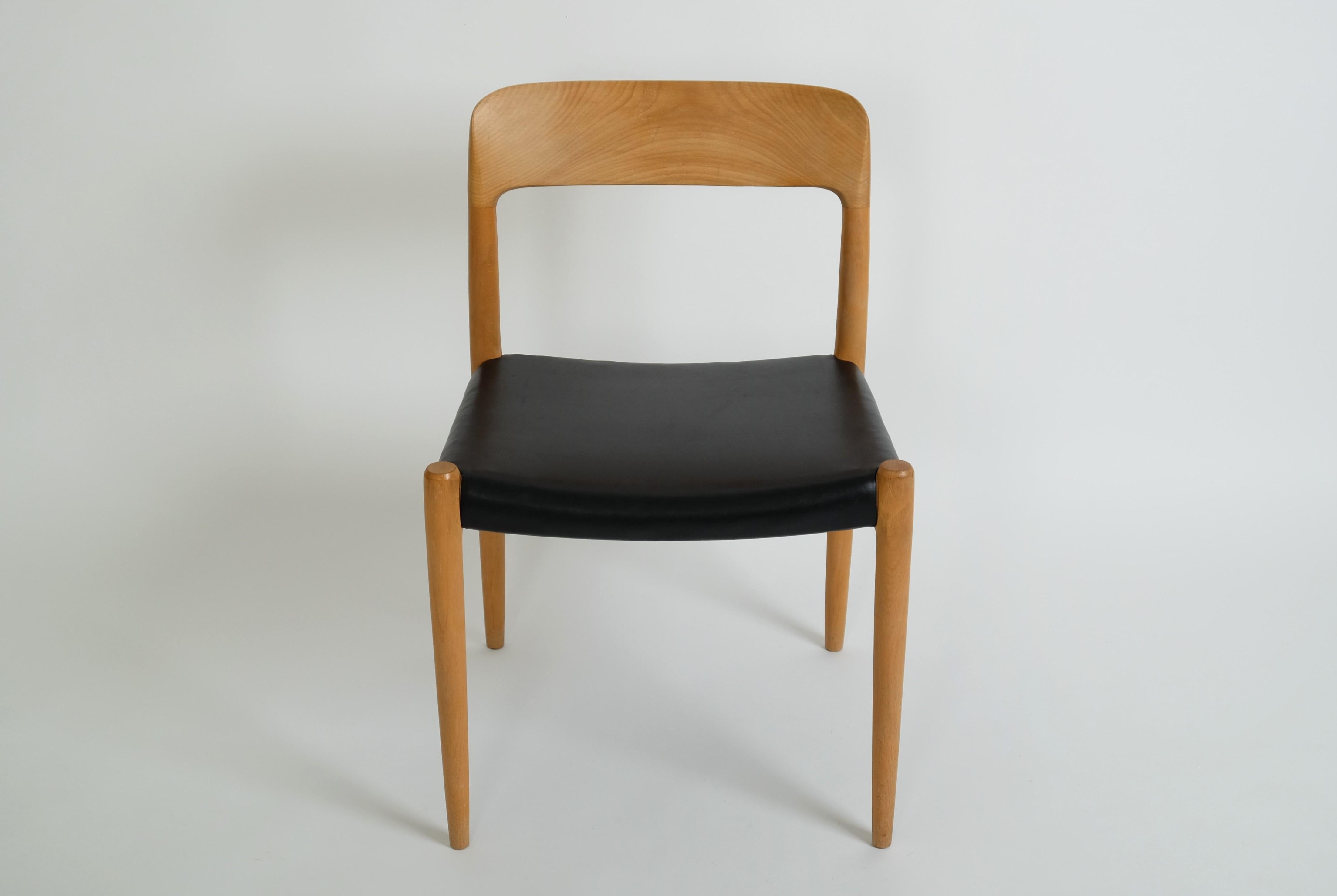 Mid-Century Modern Mid-Century Beech Leather Dining Chair No. 75 by Niels O. Möller for J.L. Möller For Sale