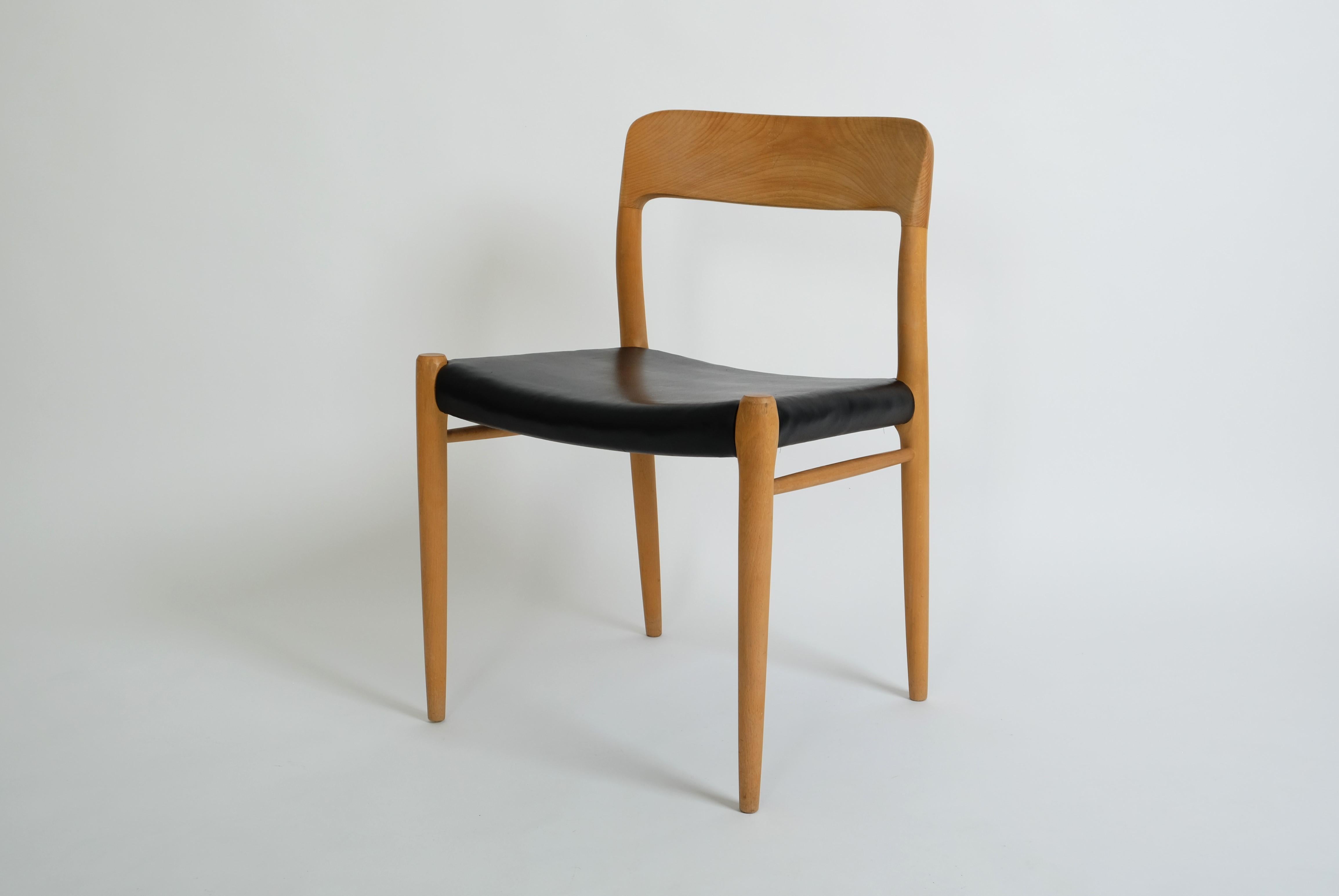 Mid-20th Century Mid-Century Beech Leather Dining Chair No. 75 by Niels O. Möller for J.L. Möller For Sale
