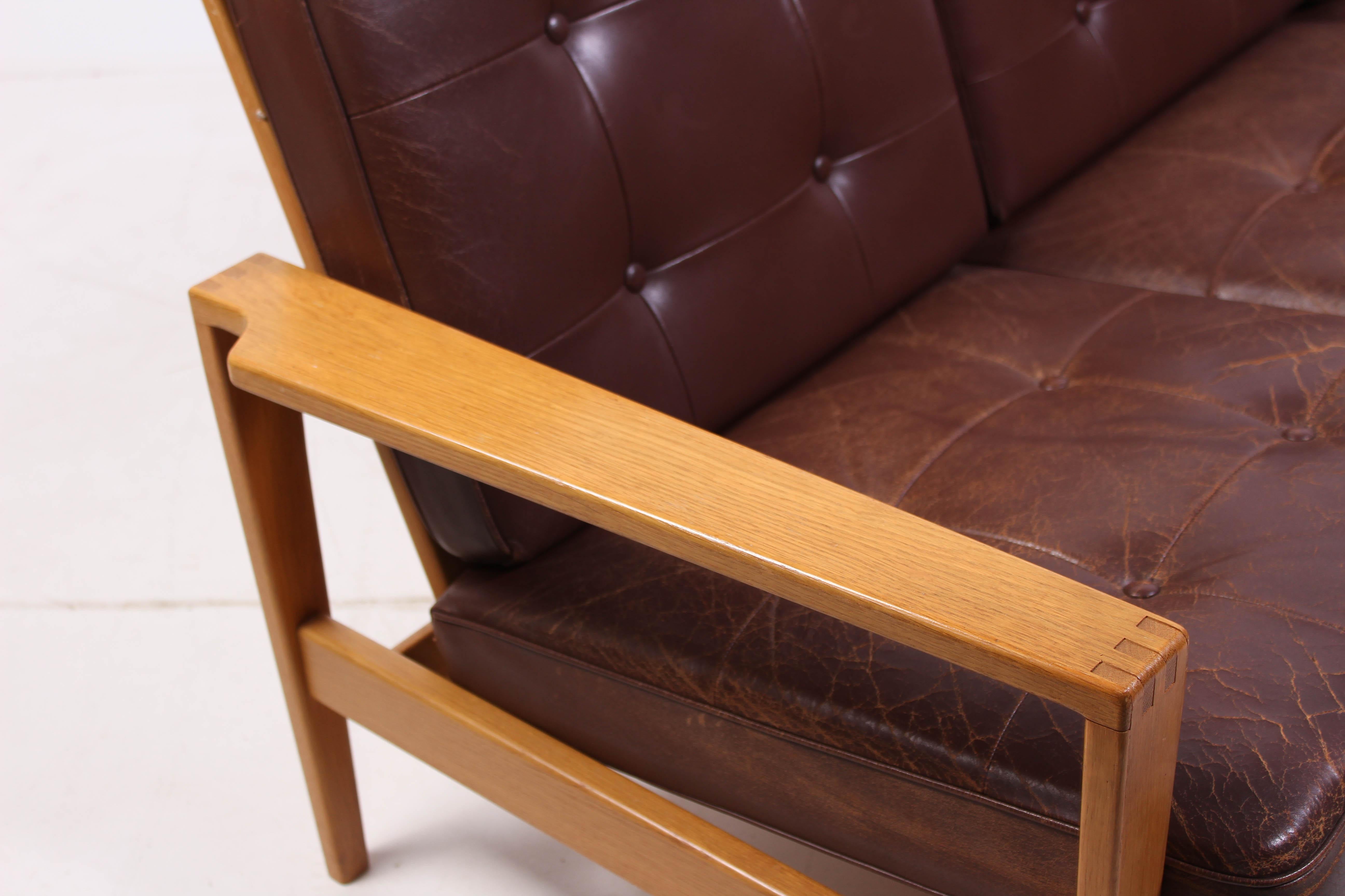 Mid Century Oak & Leather Sofa Model 
