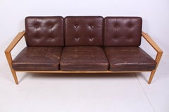 Mid Century Oak & Leather Sofa Model "Kastrup" by Erik Wørtz