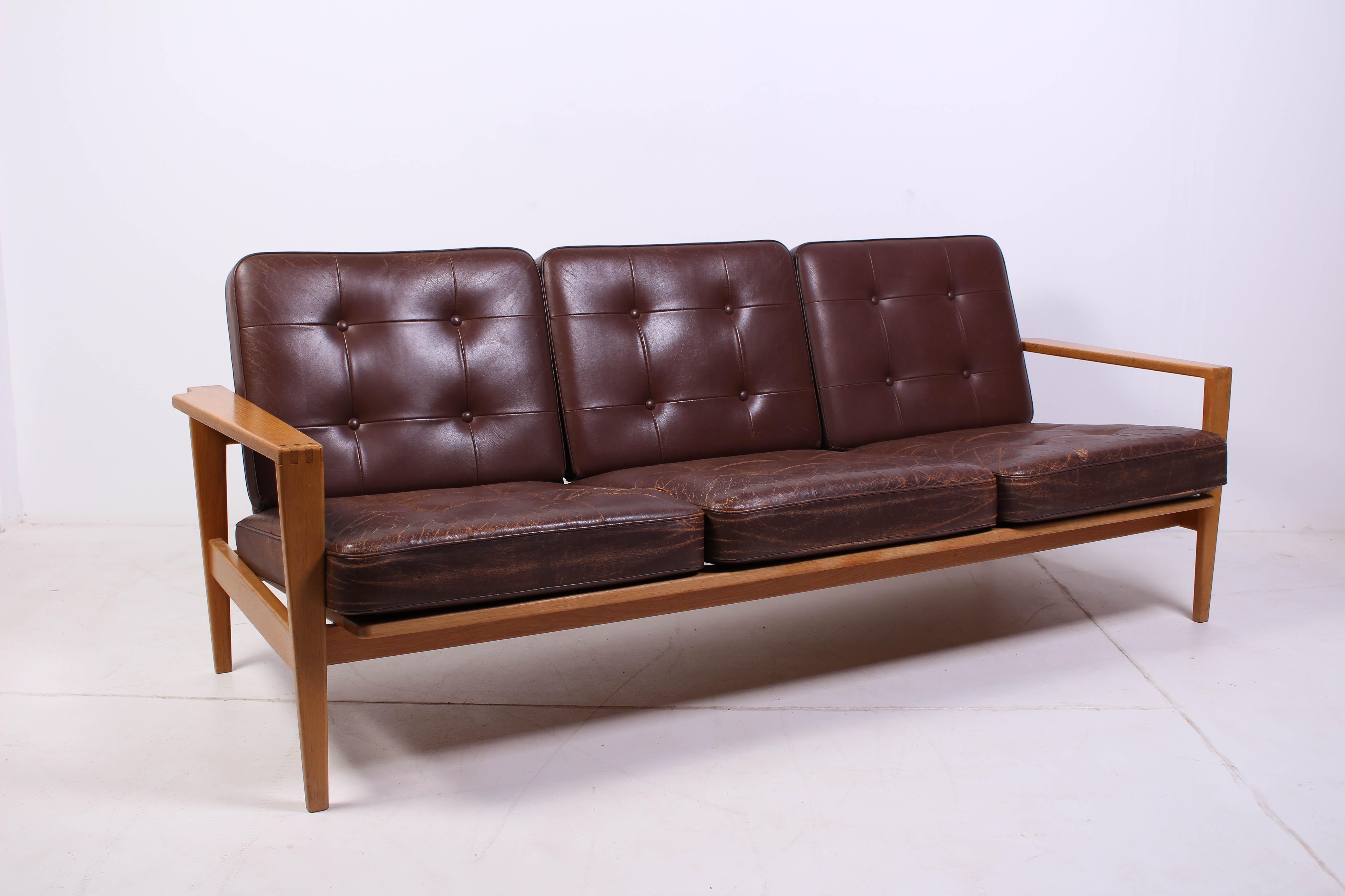 Scandinavian Modern Mid Century Oak & Leather Sofa Model 