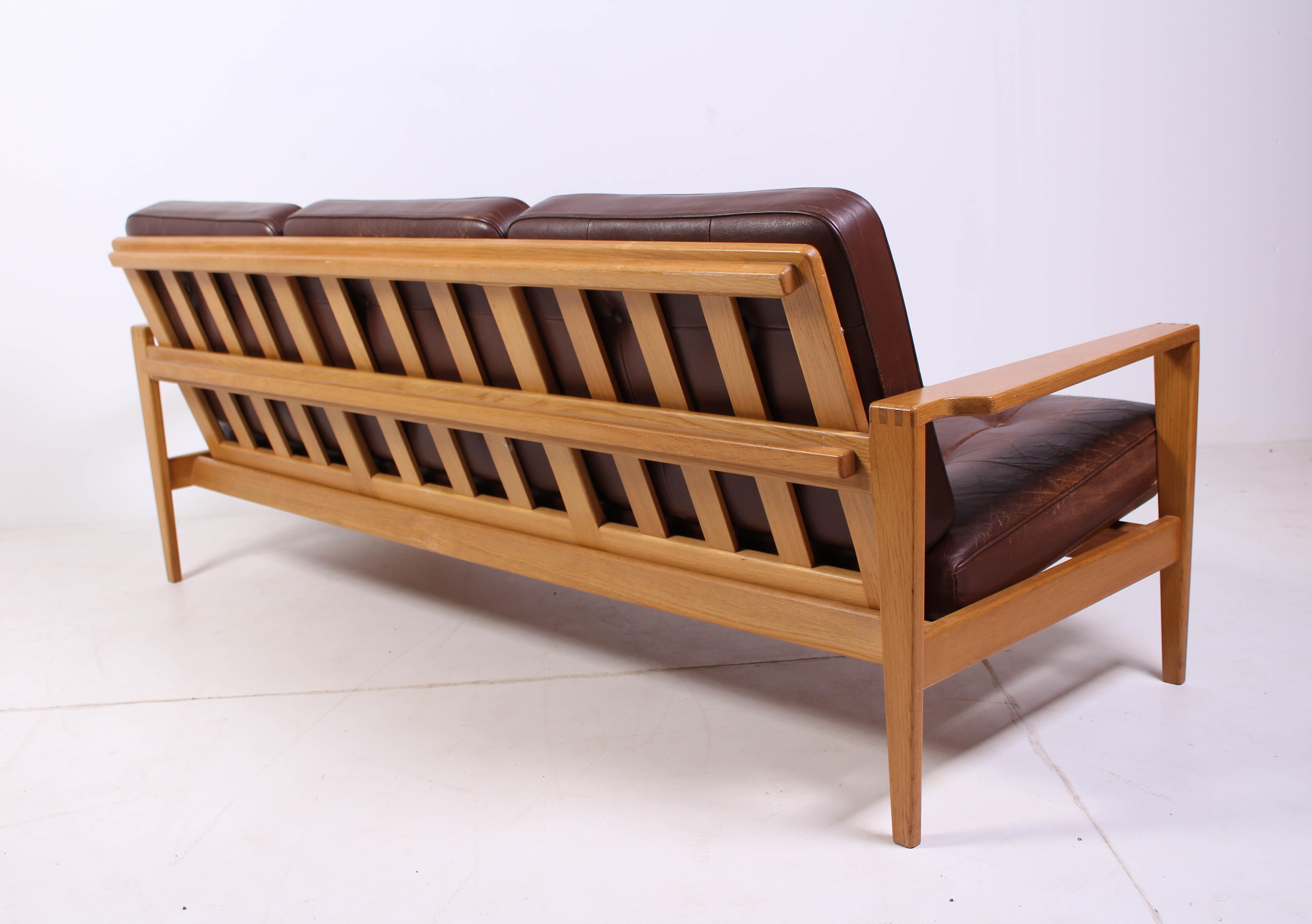 Swedish Mid Century Oak & Leather Sofa Model 