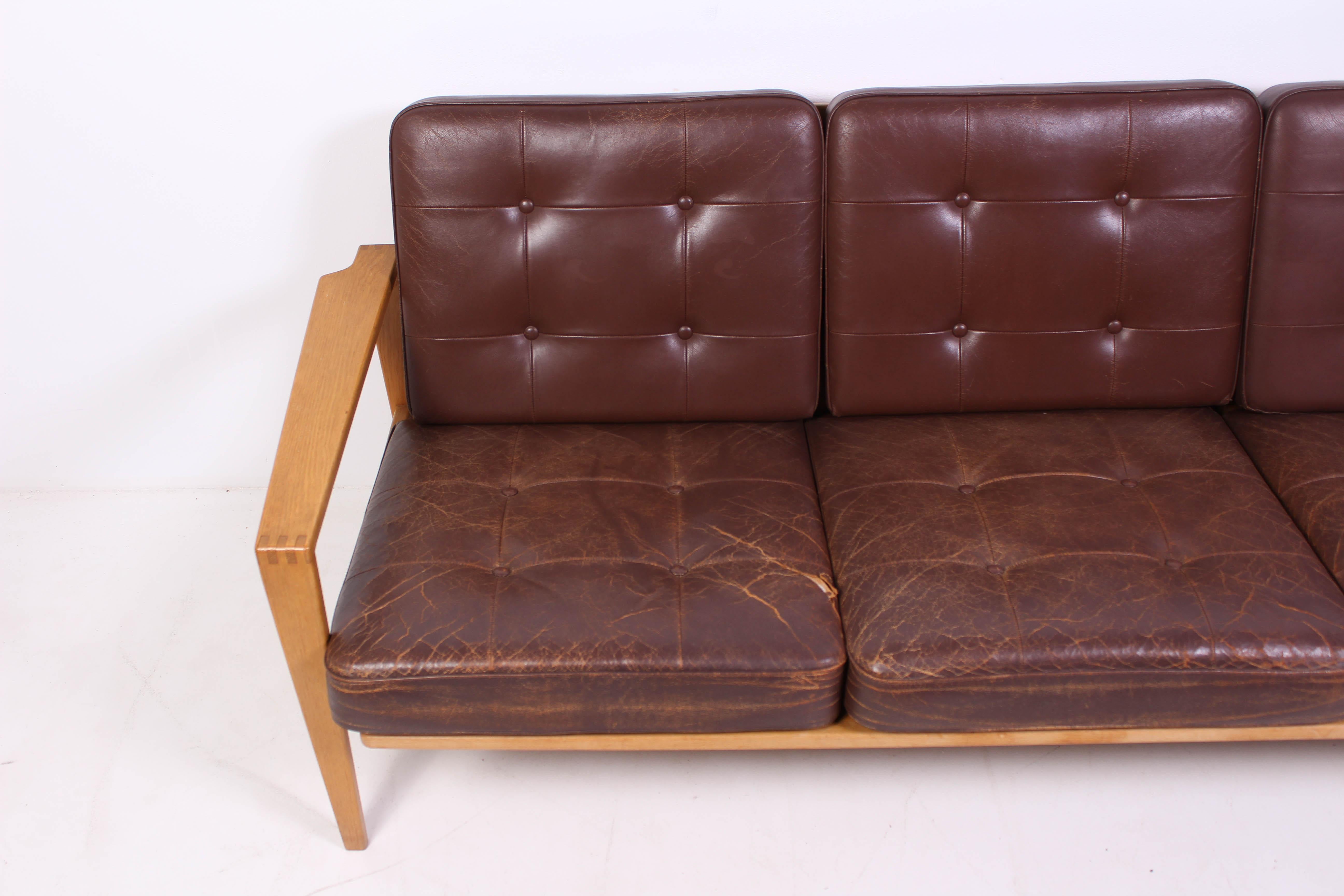 Mid-20th Century Mid Century Oak & Leather Sofa Model 