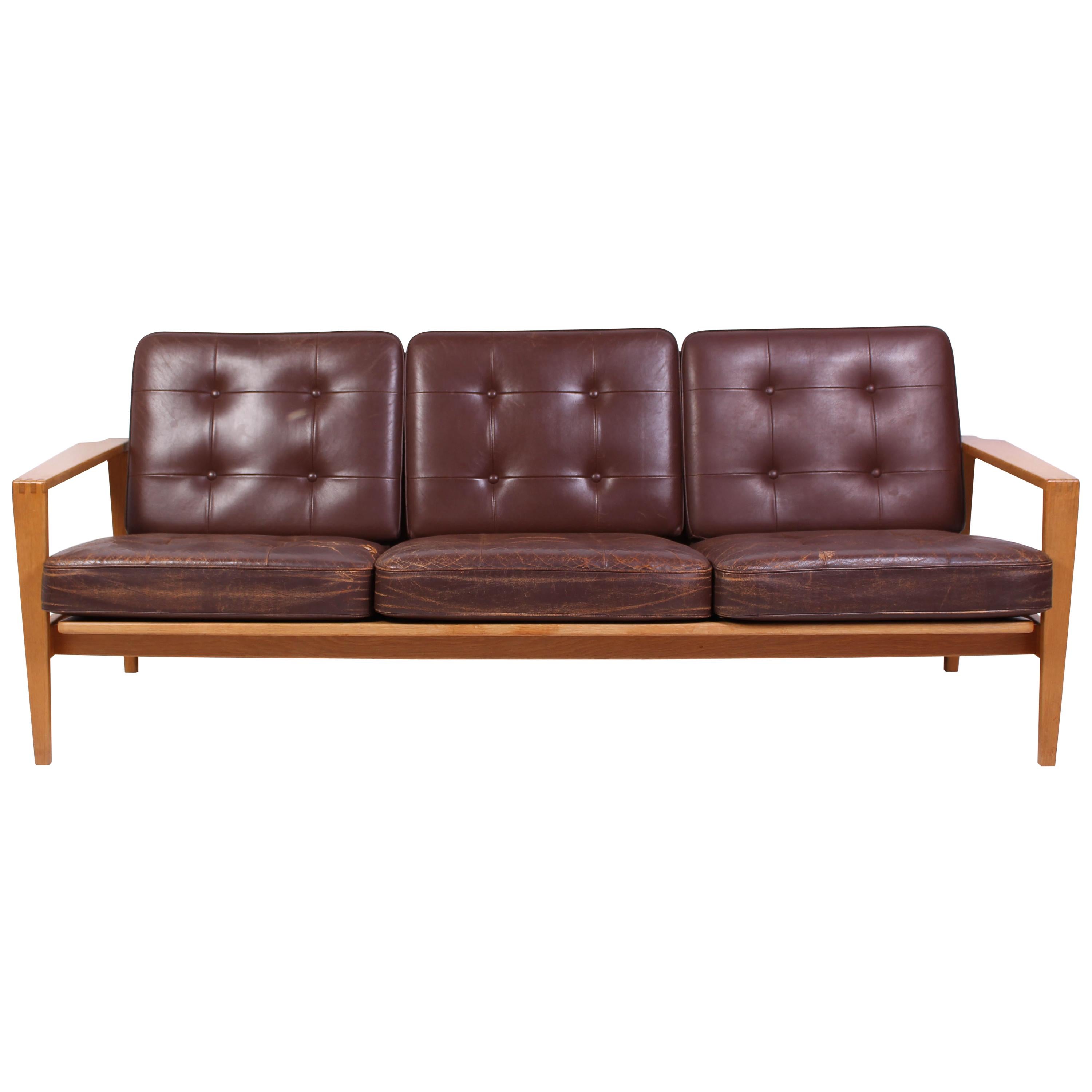 Mid Century Oak & Leather Sofa Model "Kastrup" by Erik Wørtz