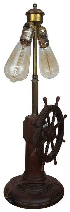 Mid Century Oak Nautical Ships Wheel Captains Desk Lamp Port Boat Light