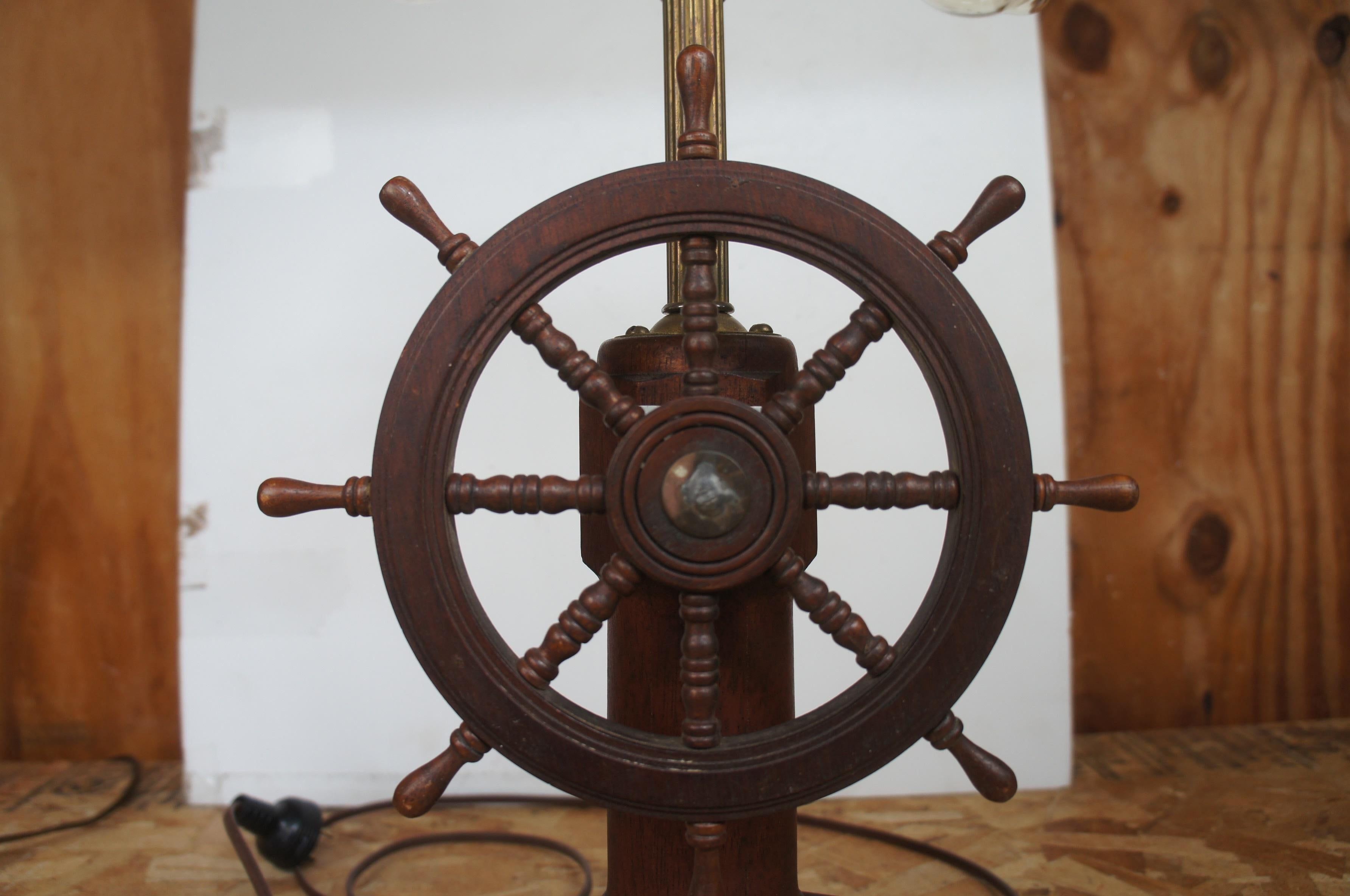 Mid Century Oak Nautical Ships Wheel Captains Desk Lamp Port Boat Light 3