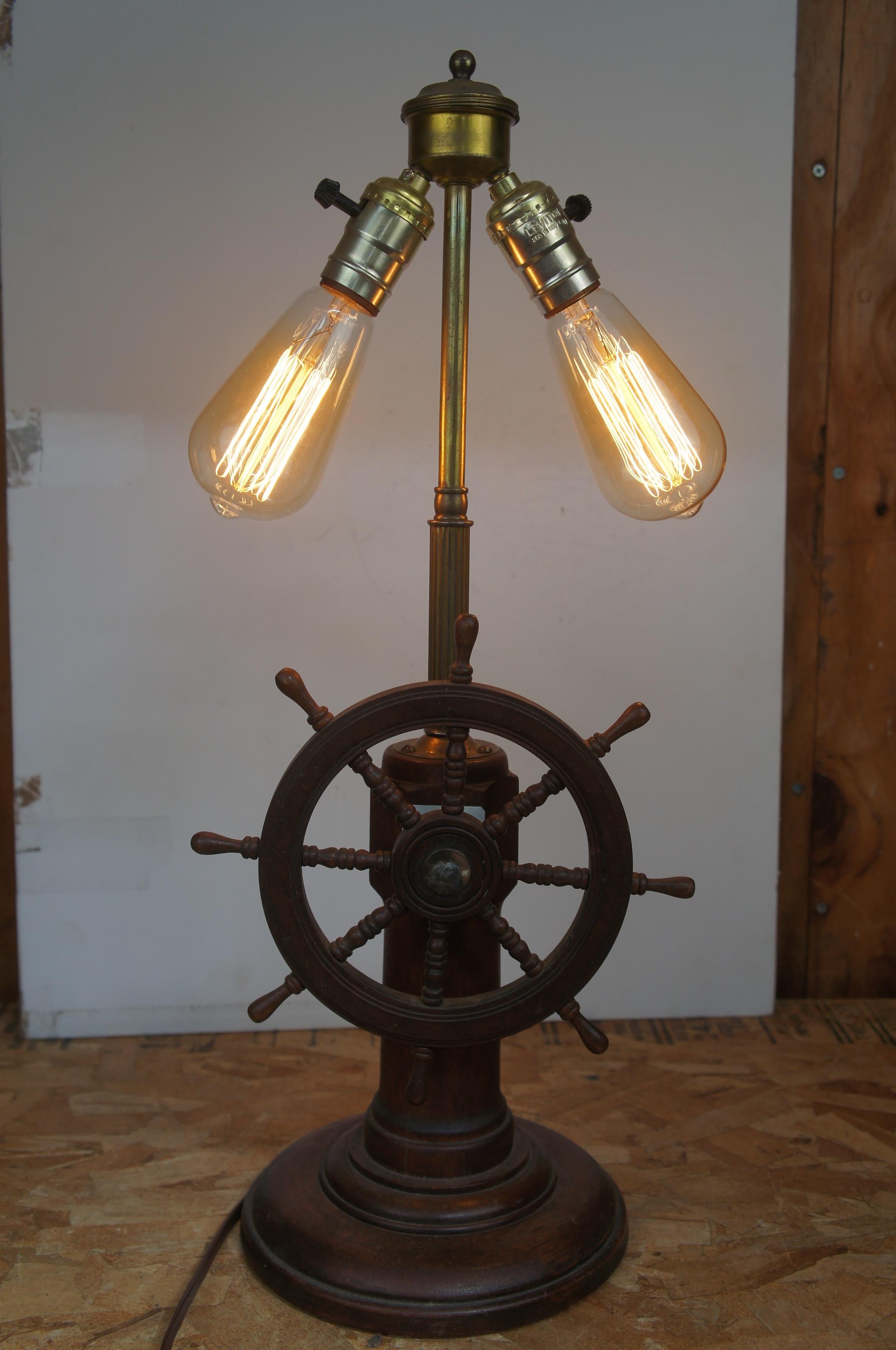 Mid Century Oak Nautical Ships Wheel Captains Desk Lamp Port Boat Light 4
