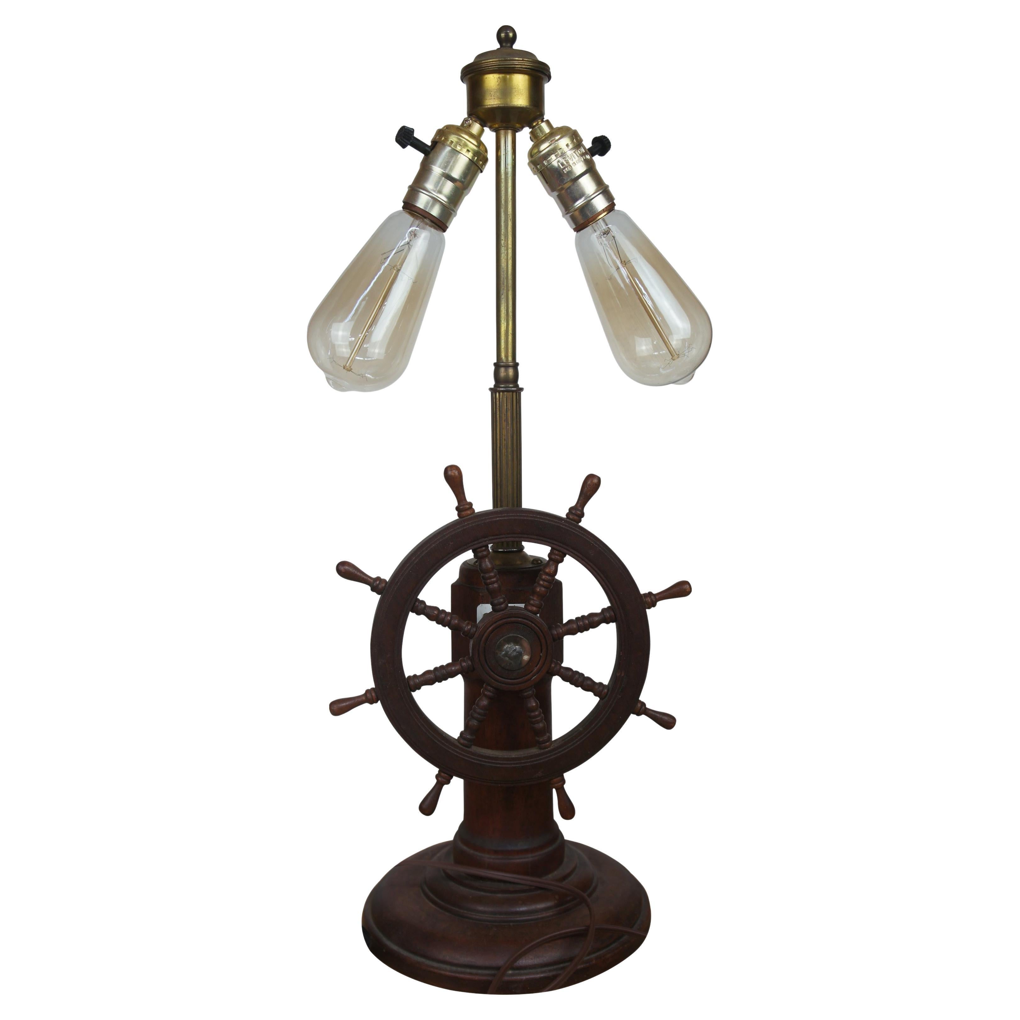 Mid Century Oak Nautical Ships Wheel Captains Desk Lamp Port Boat Light