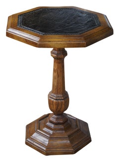 Mid Century Oak Octagon Leather Top Pedestal Side Table Sculpture Stand 20"