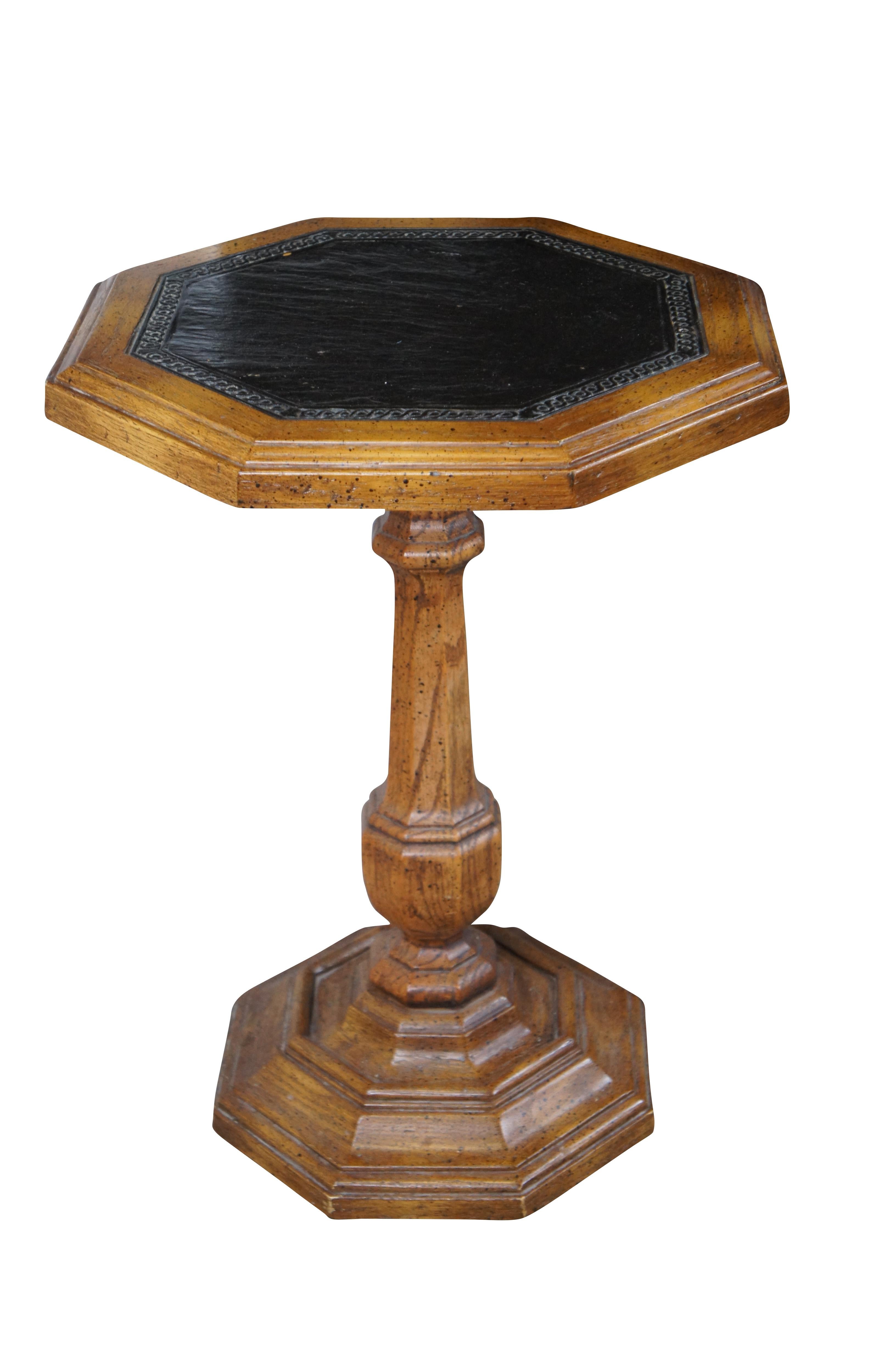 Mid-Century Modern Mid Century Oak Octagon Leather Top Pedestal Side Table Sculpture Stand 20