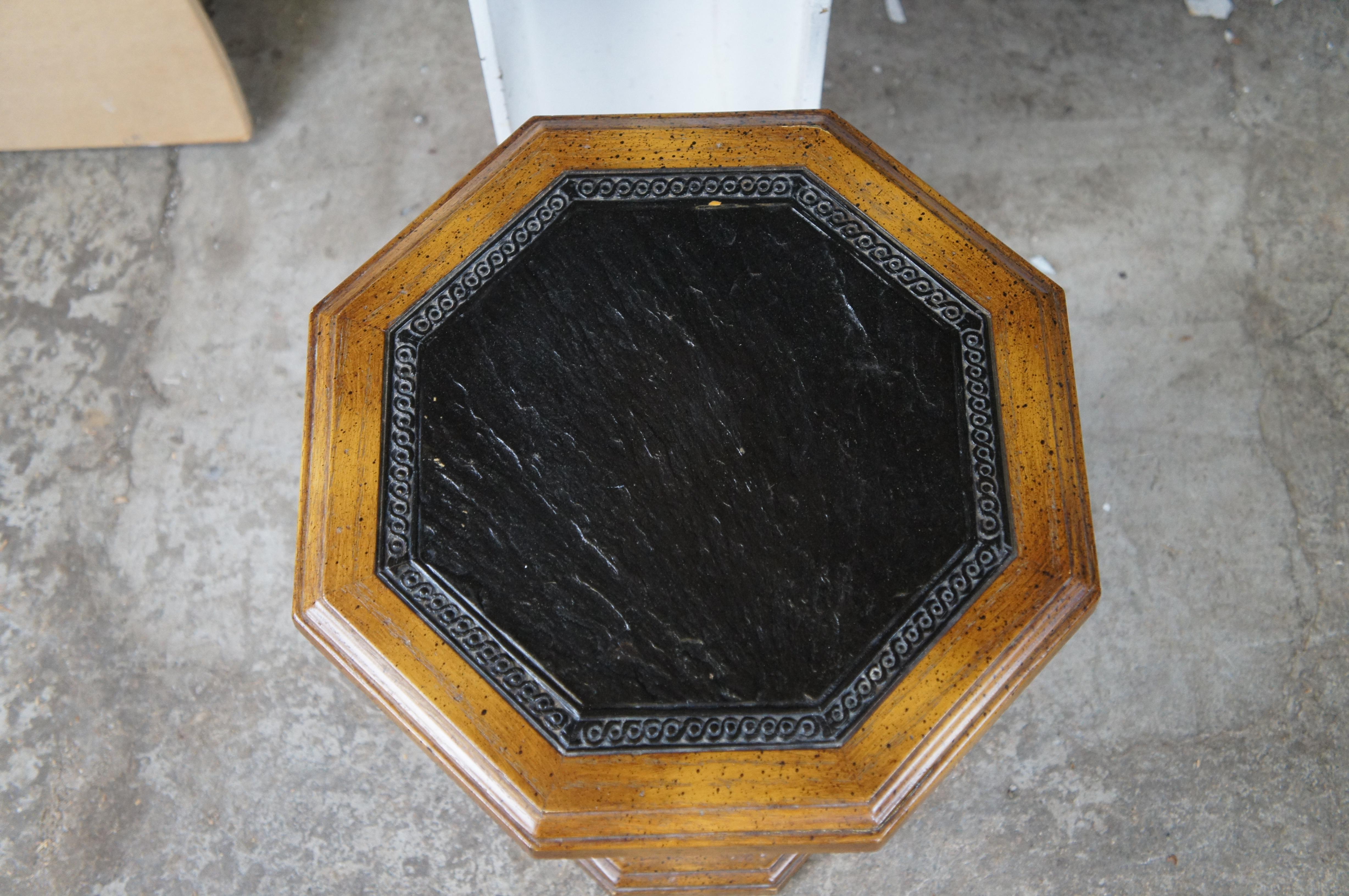 American Mid Century Oak Octagon Leather Top Pedestal Side Table Sculpture Stand 20