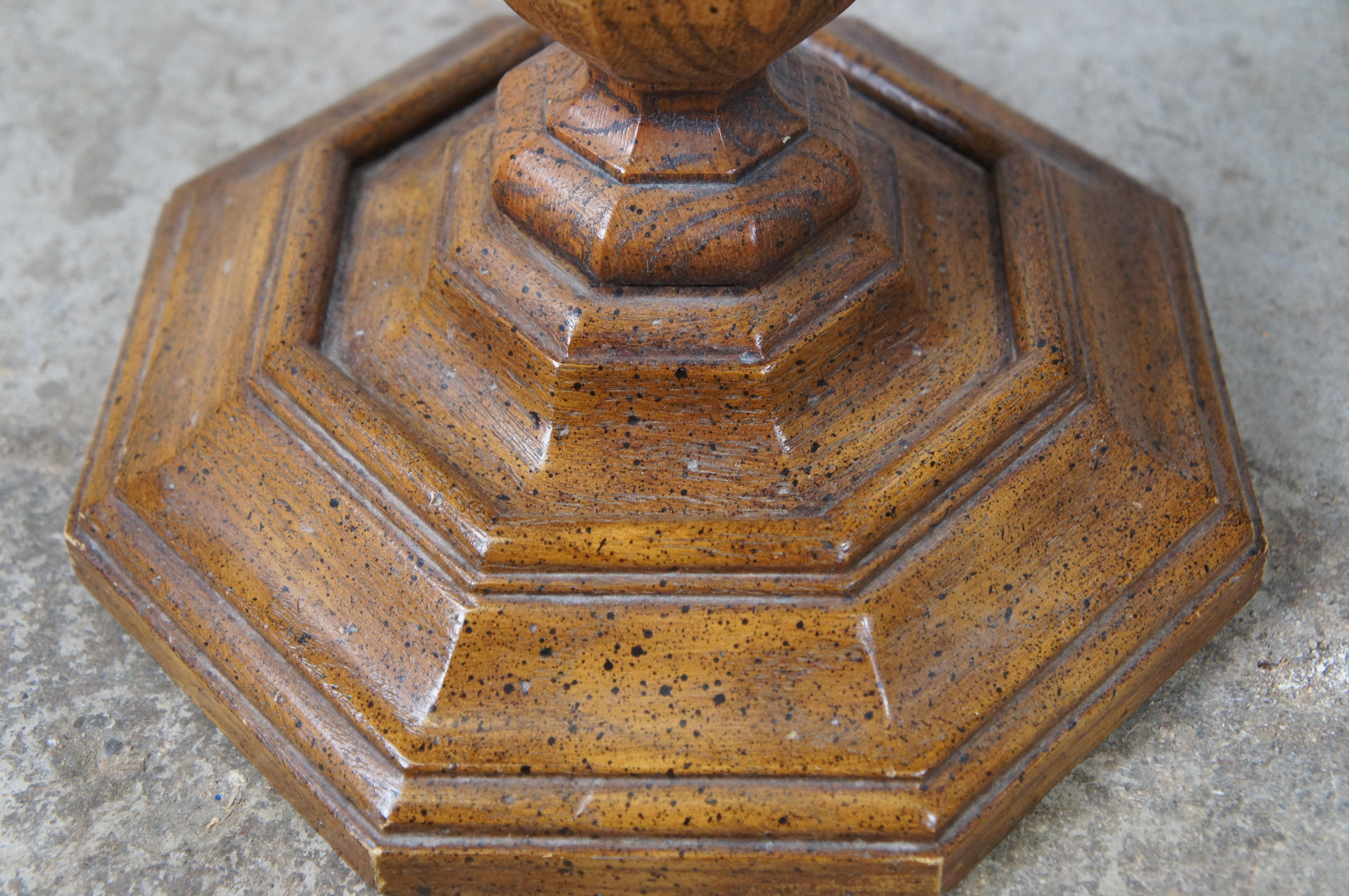 Mid Century Oak Octagon Leather Top Pedestal Side Table Sculpture Stand 20