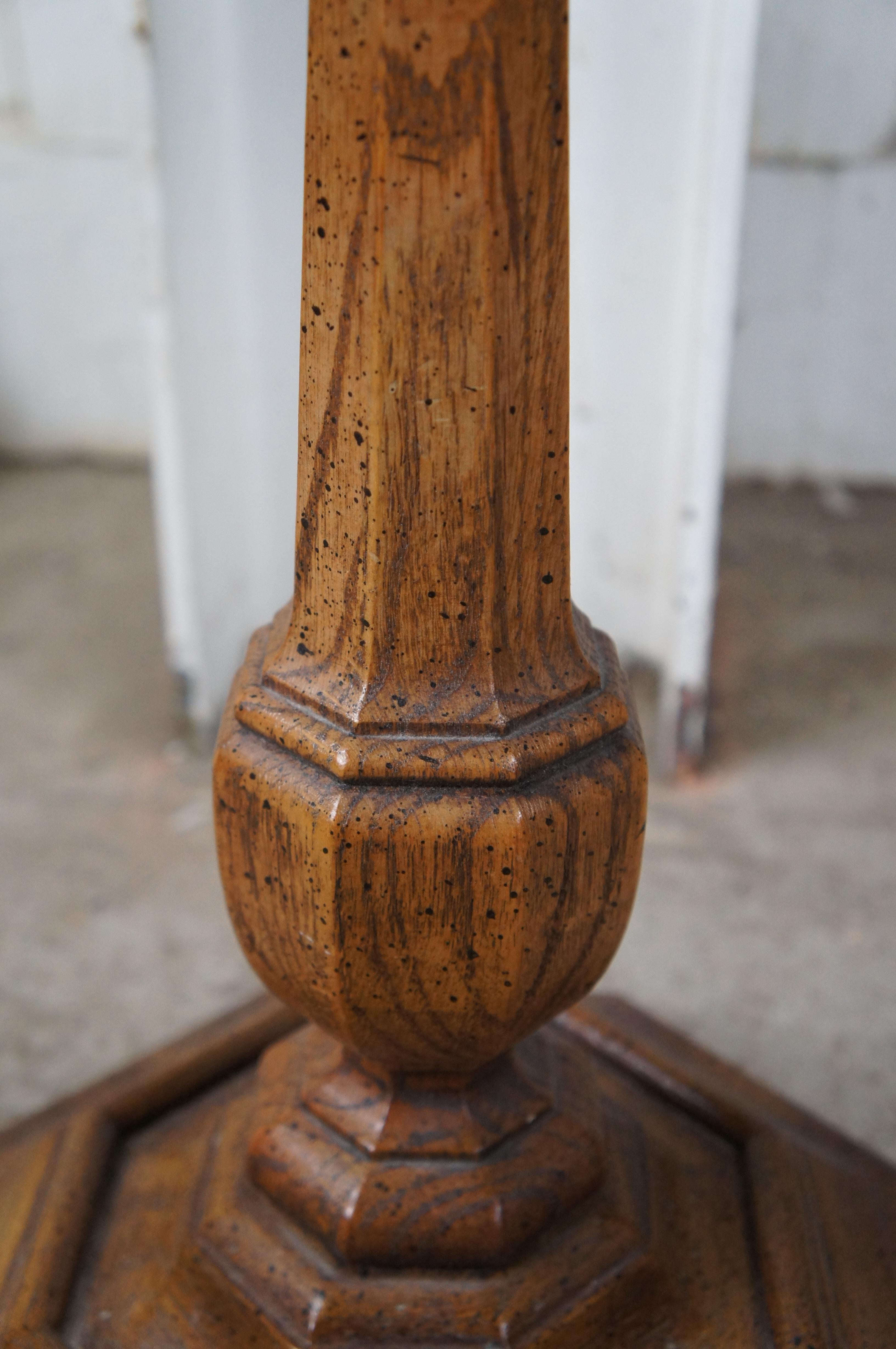 Mid Century Oak Octagon Leather Top Pedestal Side Table Sculpture Stand 20