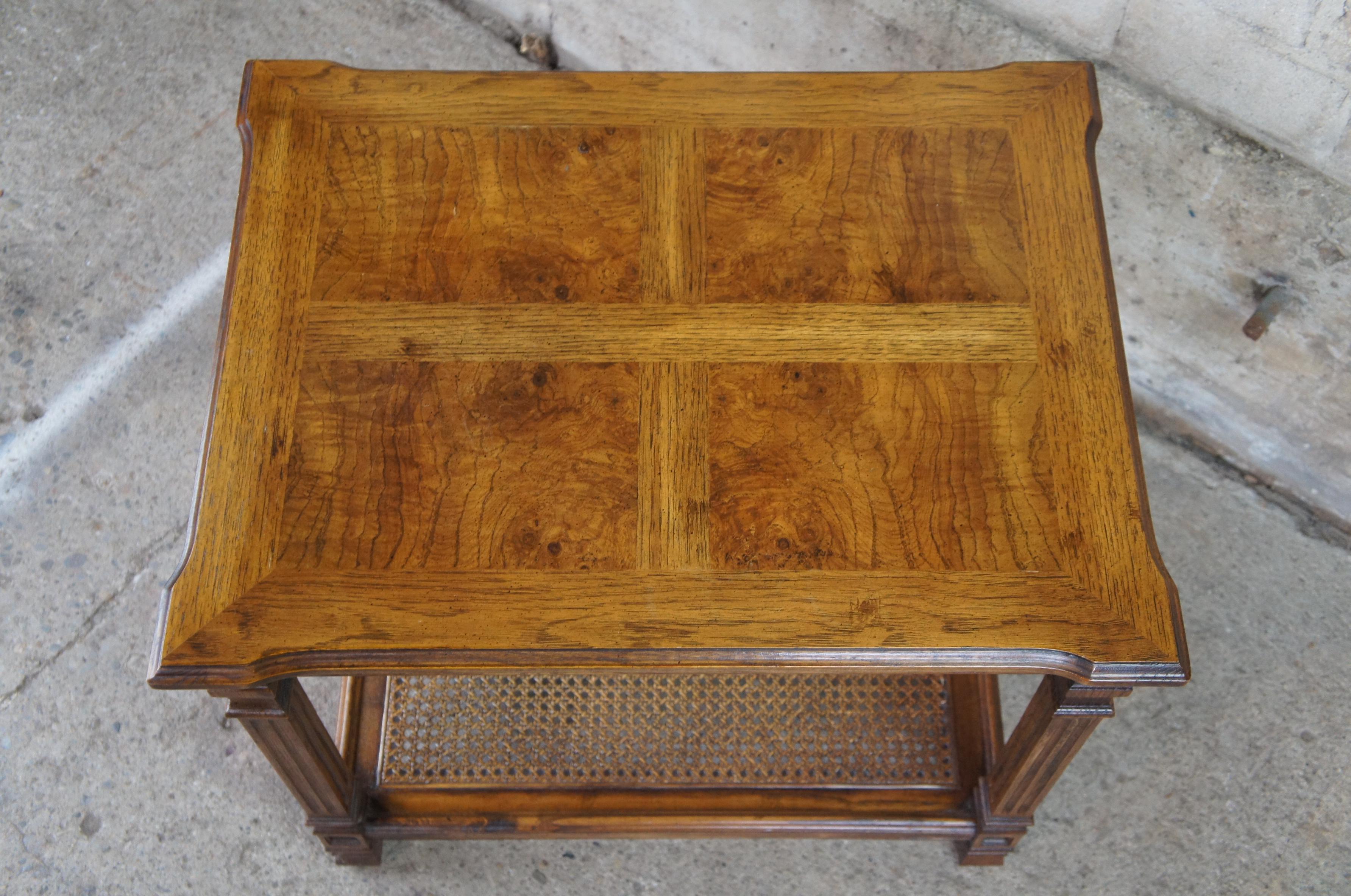 20th Century Mid Century Oak & Olive Ash Burl Caned Two Tier Side Accent Tea Tray Table