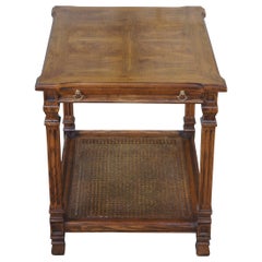 Mid Century Oak & Olive Ash Burl Caned Two Tier Side Accent Tea Tray Table