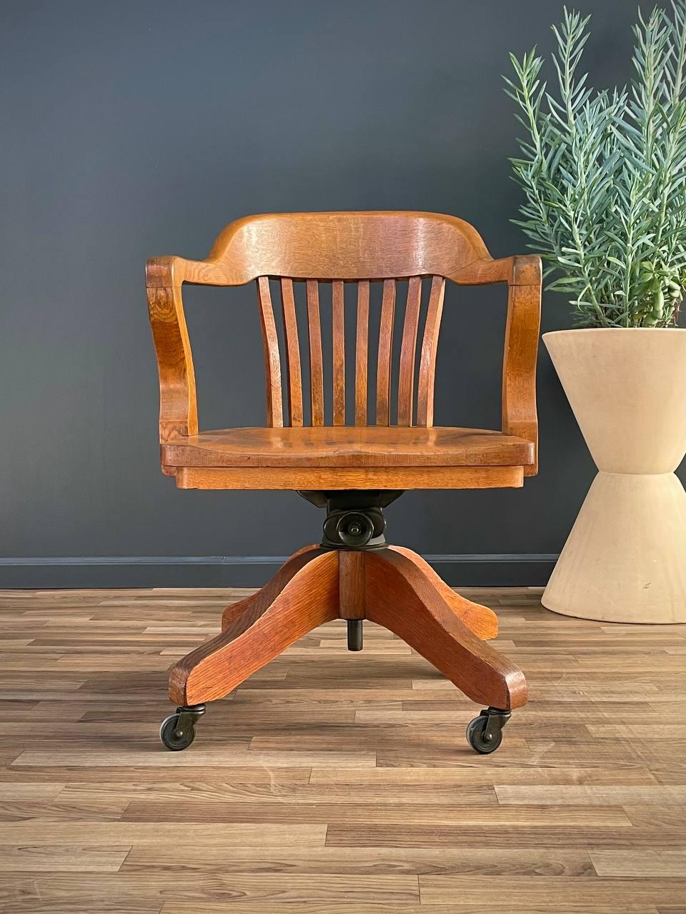 American Mid-Century Oak Swivel Office Desk Chair