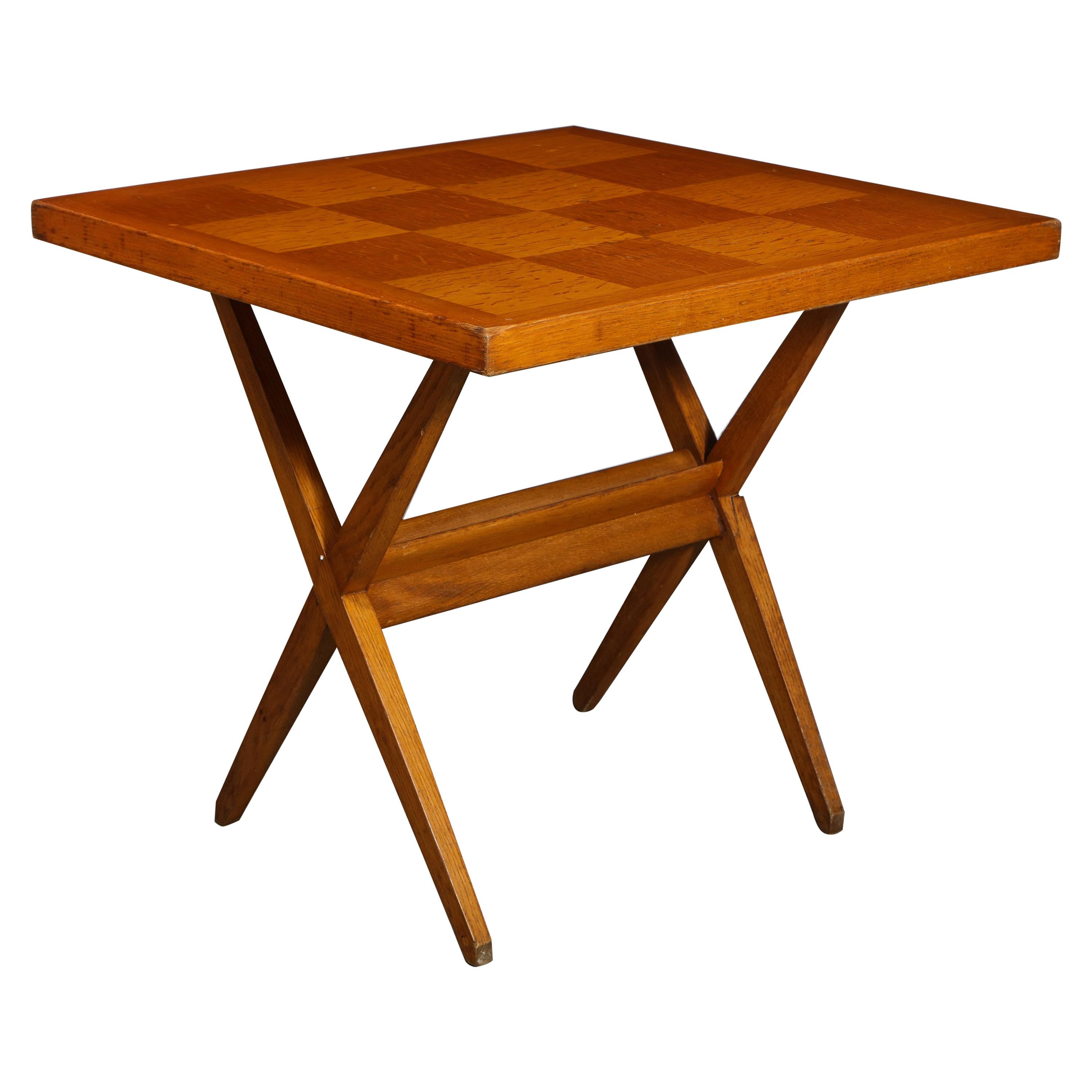 Mid-Century Oak Side Table/Game with Parquetry in the Manner of Pierre Jeanneret