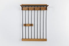 Mid-Century Oak & Teak Wall Mount Coat Rack w/ Hat Shelf & Black Enamel Hooks