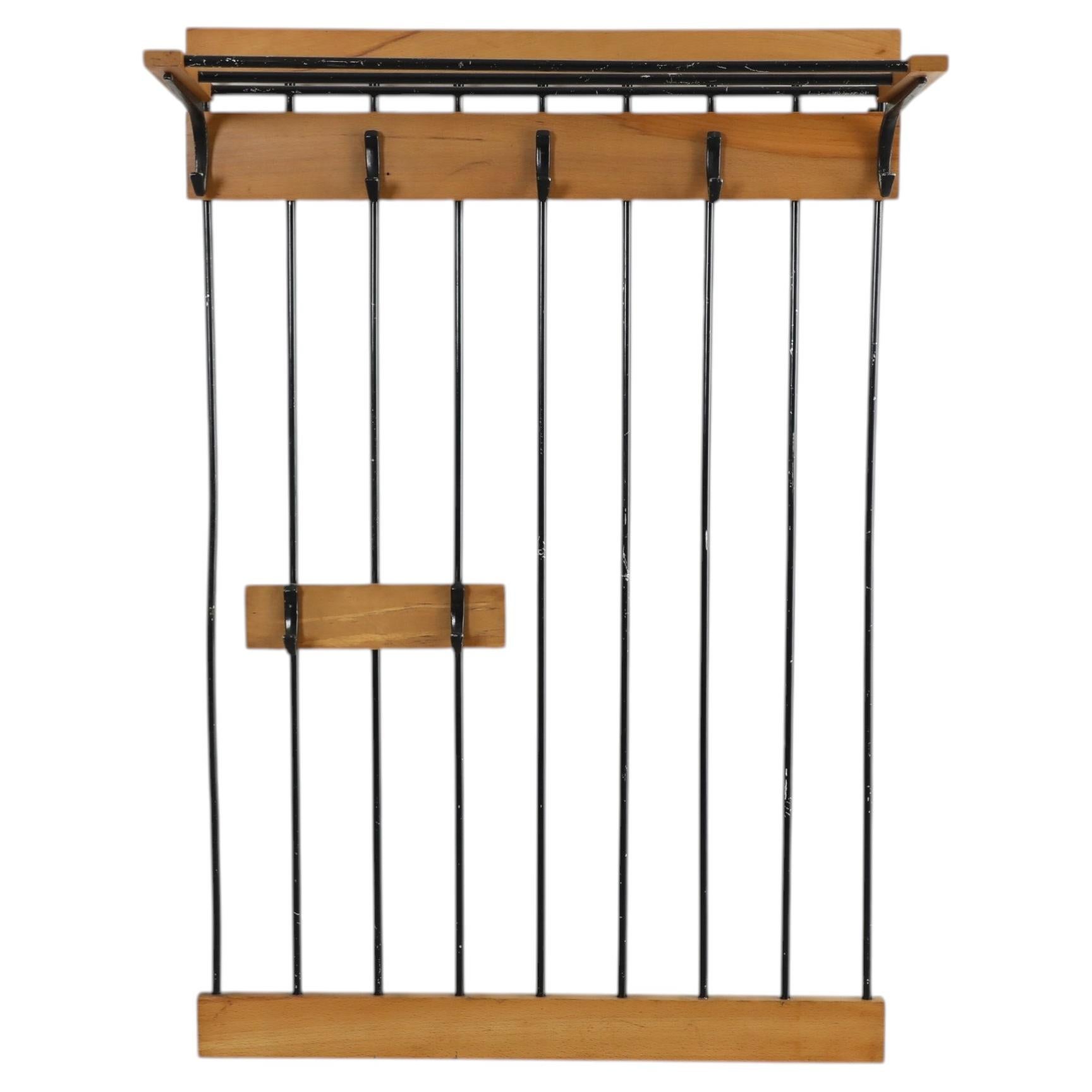 Mid-Century Oak & Teak Wall Mount Coat Rack w/ Hat Shelf & Black Enamel Hooks For Sale