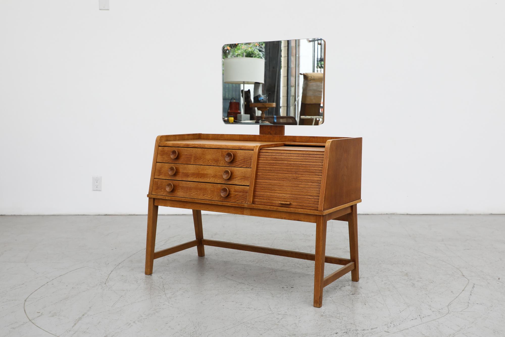 Mid-Century Oak Vanity with Tambour Door Cabinet, Drawers, and Rounded Mirror 4