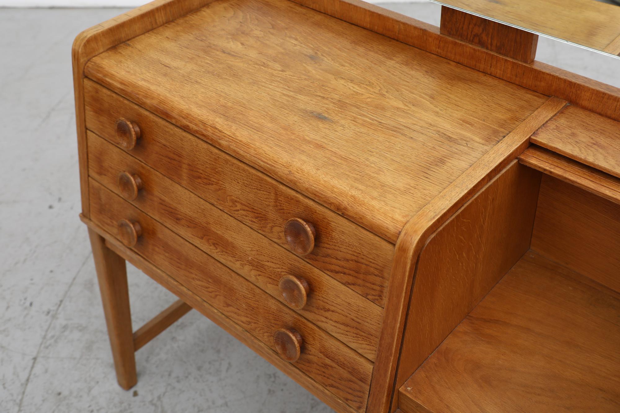 Mid-Century Oak Vanity with Tambour Door Cabinet, Drawers, and Rounded Mirror 12
