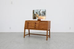 Mid-Century Oak Vanity with Tambour Door Cabinet, Drawers, and Rounded Mirror