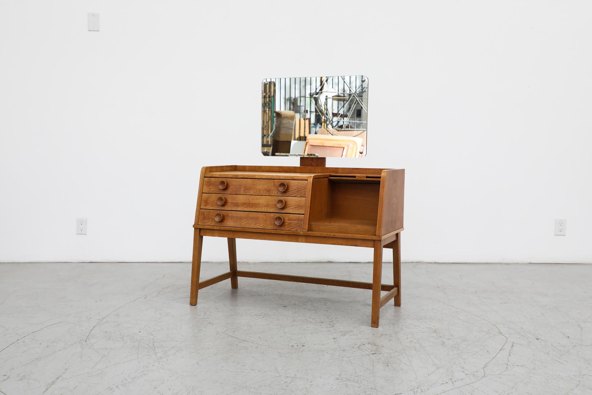 Mid-Century Oak Vanity with Tambour Door Cabinet, Drawers, and Rounded Mirror In Good Condition In Los Angeles, CA