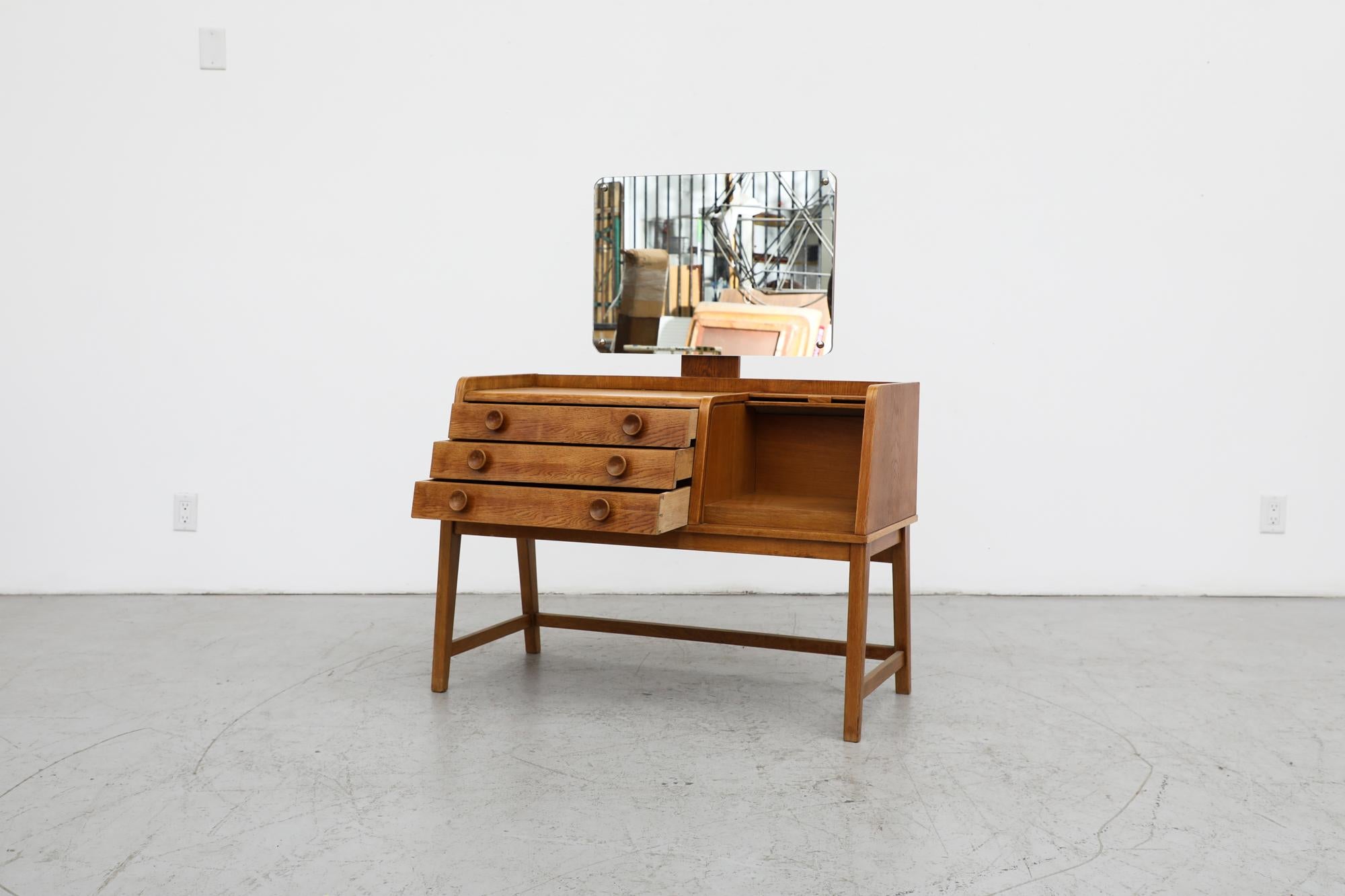 Mid-20th Century Mid-Century Oak Vanity with Tambour Door Cabinet, Drawers, and Rounded Mirror