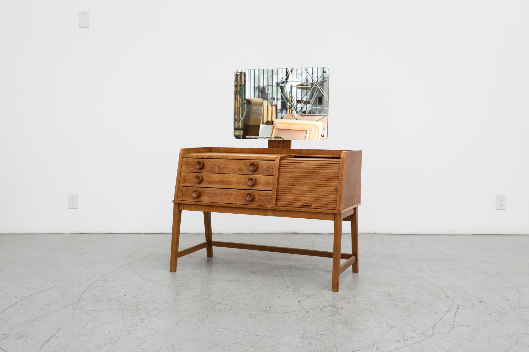 Mid-Century Oak Vanity with Tambour Door Cabinet, Drawers, and Rounded Mirror 1