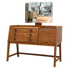 Retro Mid-Century Oak Vanity with Tambour Door Cabinet, Drawers, and Rounded Mirror