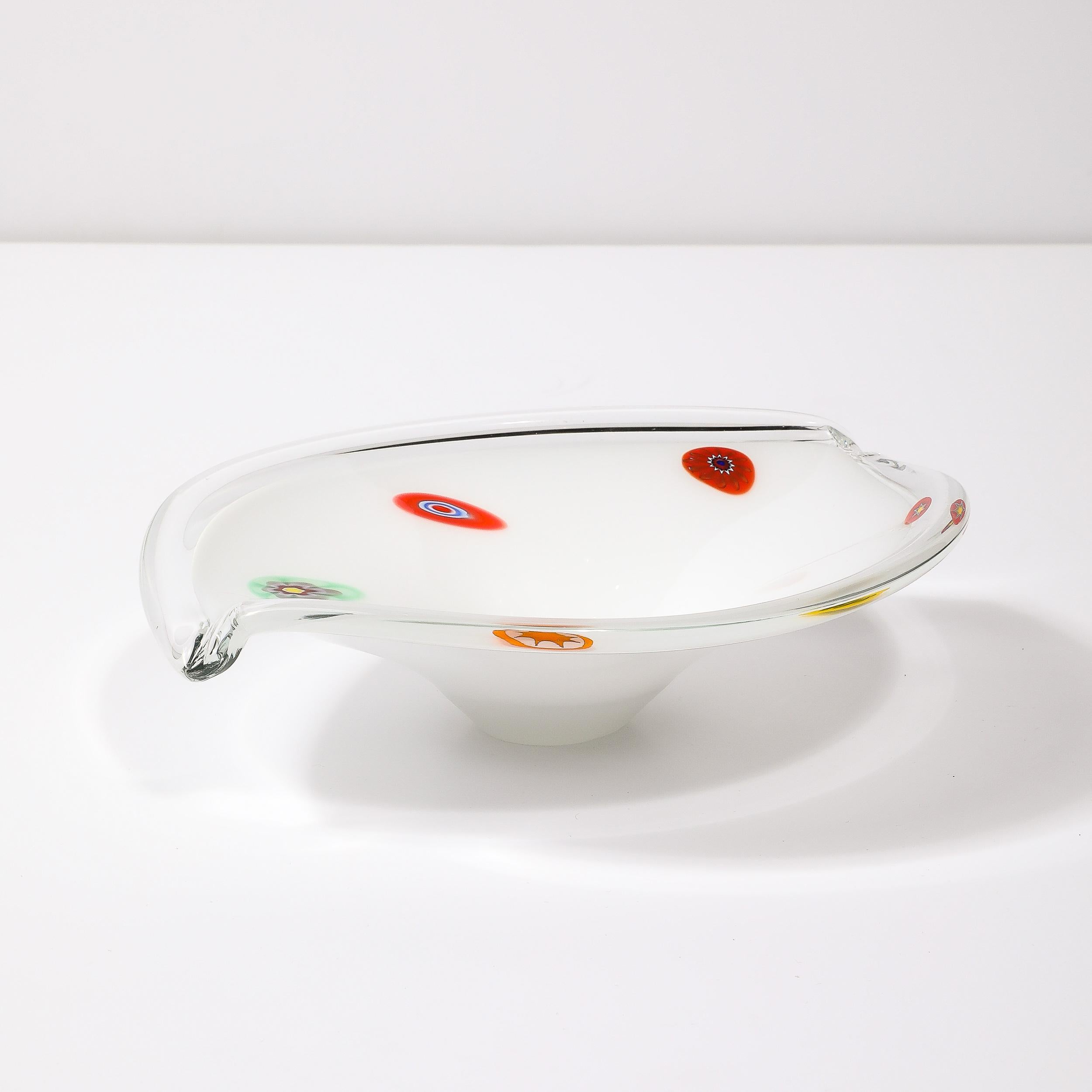 Mid-Century Oblong Hand-Blown Murano White w/ Millefiori Detailing Glass Bowl For Sale 3