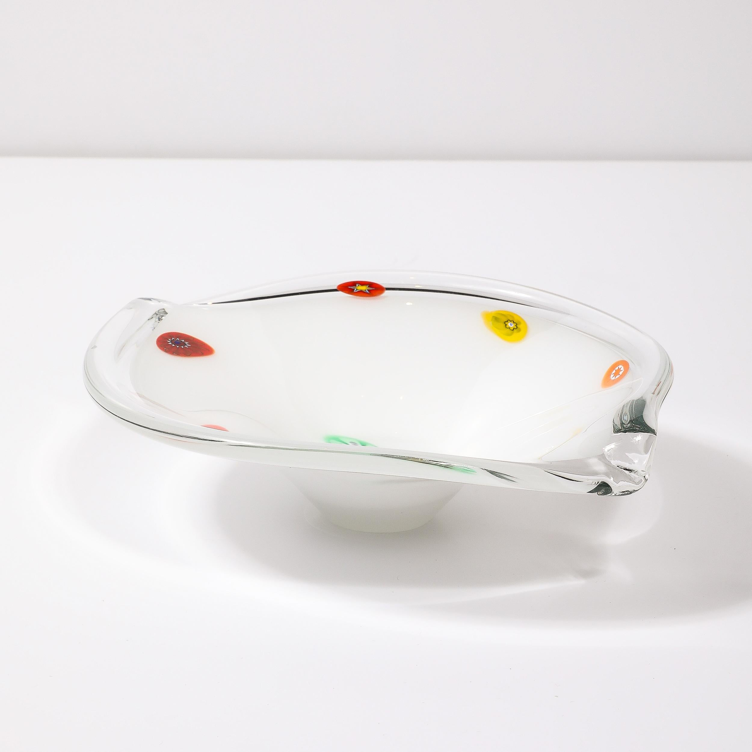 Mid-Century Oblong Hand-Blown Murano White w/ Millefiori Detailing Glass Bowl For Sale 4